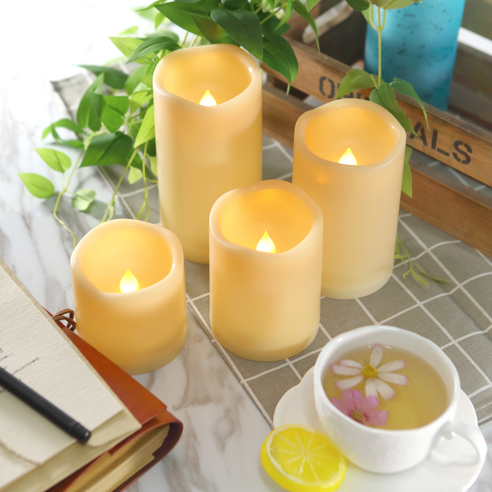 Waterproof Flameless LED Candles with Timer - 4 Pack Realistic Flickering Battery Operated Pillar Lights for Outdoor, Garden, Wedding & Christmas Decorations - Perfect for Lanterns, Centerpieces and Romantic Ambiance