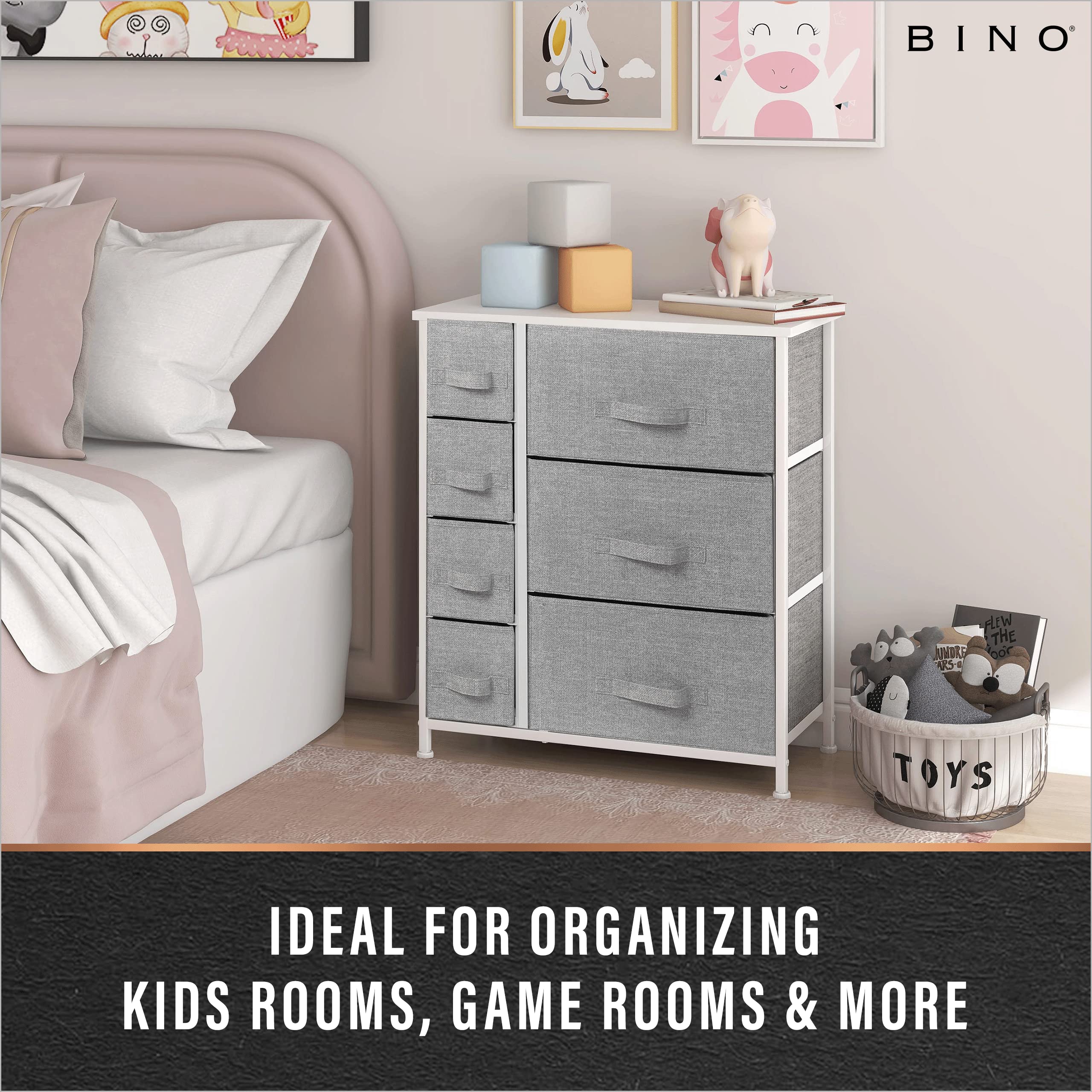 BINO 7-Drawer Fabric Dresser Organizer, Light Grey - Space-Saving Closet Storage Unit with Removable Drawers | Perfect for Bedroom, Nursery, Hallway & Entryway Organization | Foldable Clothes Drawer Tower for Home & Office Use