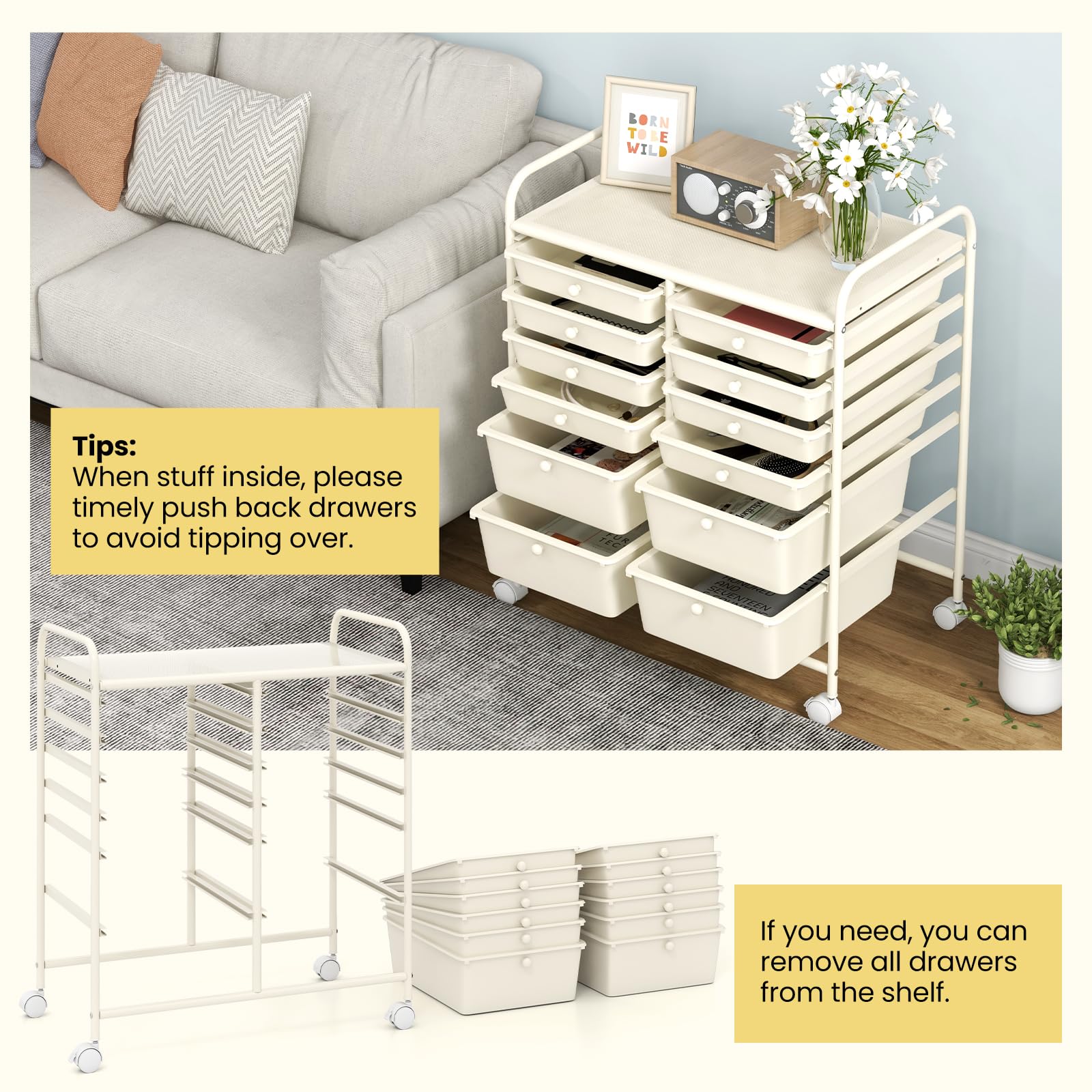 RELAX4LIFE 12-Drawer Rolling Storage Cart with Wheels - Mobile Craft Organizer for Art Supplies, Office, School & Beauty Salon | Portable Utility Cart for Home, Studio & Workplace Organization (White)