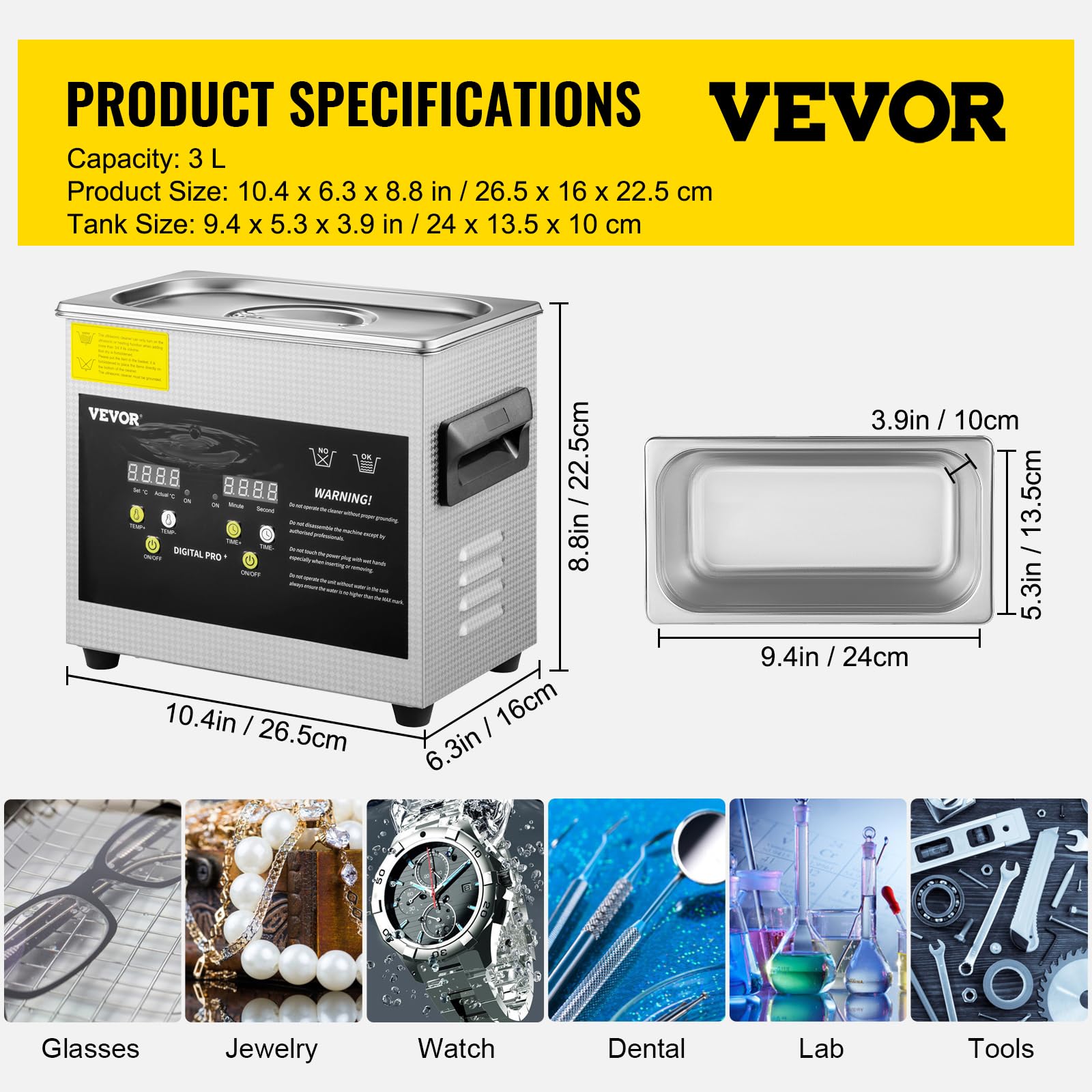 VEVOR 3L Ultrasonic Cleaner with Heater & Timer - 200W Heating & 120W Ultrasonic Power for Jewelry, Glasses, Watches, Dental Tools - Professional Digital Lab & Home Cleaning Solution for Delicate Items
