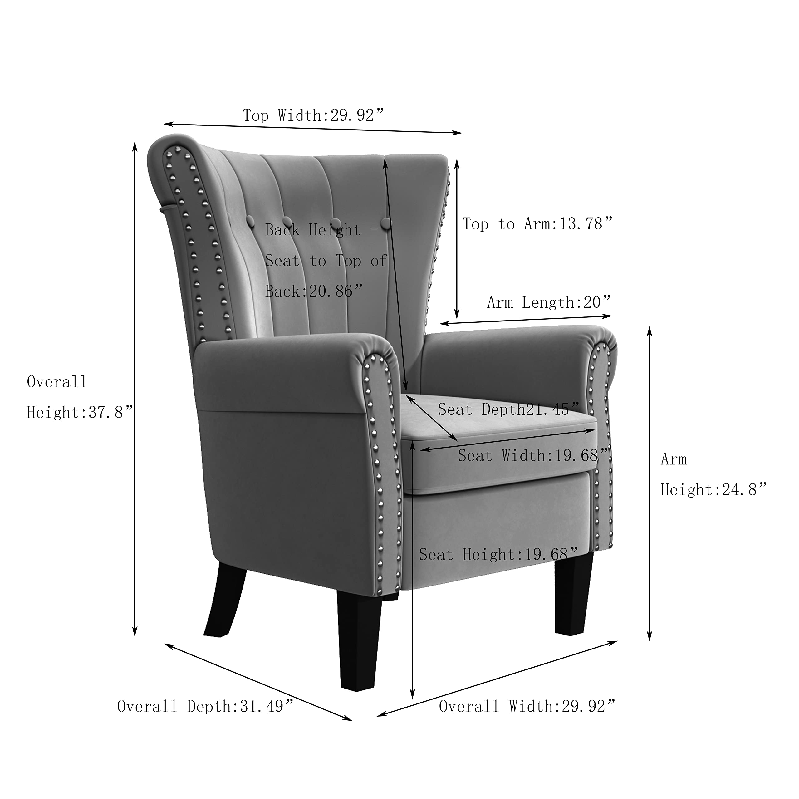 Modern Velvet Single Sofa - Tufted Wingback Armchair with Wooden Legs for Living Room, Bedroom & Office Decor - Light Grey Velvet Lounge Chair for Reading Nook, Dressing Room or Cozy Corner