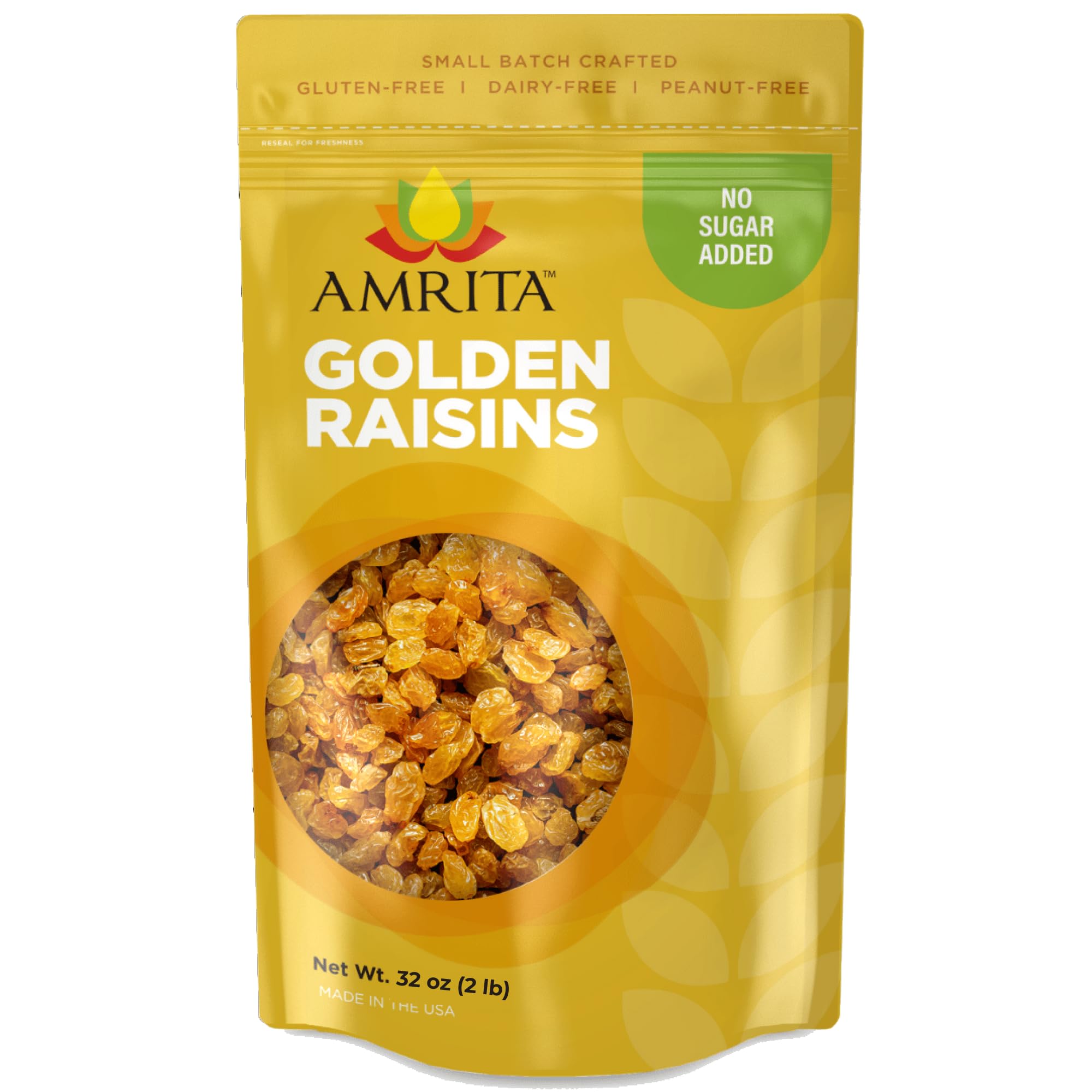 Amrita Golden Raisins 2 lb - No Added Sugar, Naturally Sweet, Gluten Free Dried Sultanas (Kishmish) | Resealable Bag for Freshness | Vegan & Healthy Snack - Perfect for Baking, Trail Mix, Yogurt Topping & Kids Lunch Boxes