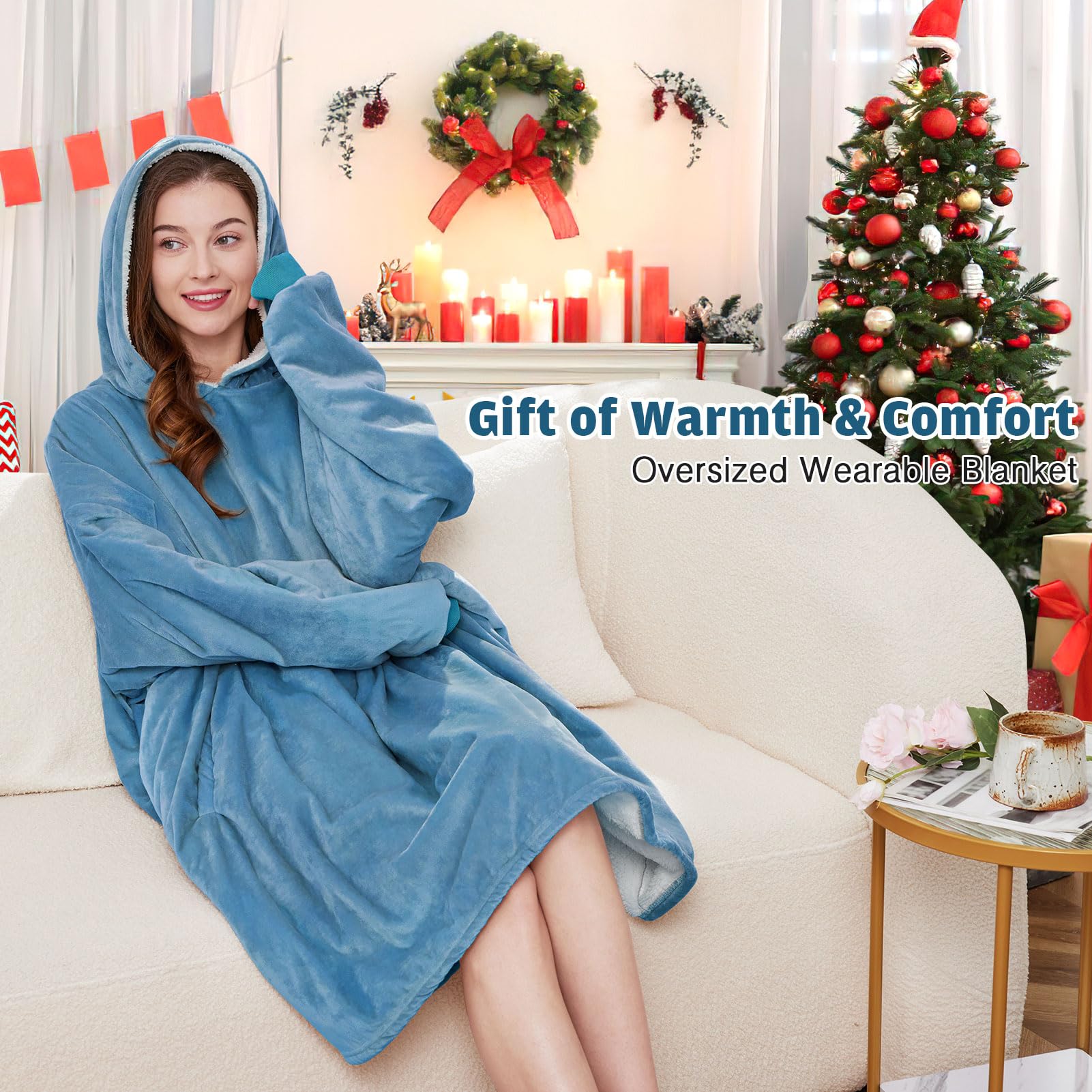 AmyHomie Oversized Sherpa Hooded Blanket Sweatshirt - Fleece Wearable Blanket Hoodie for Women, Men & Kids - Cozy Loungewear for Movie Nights, Camping & Home Comfort