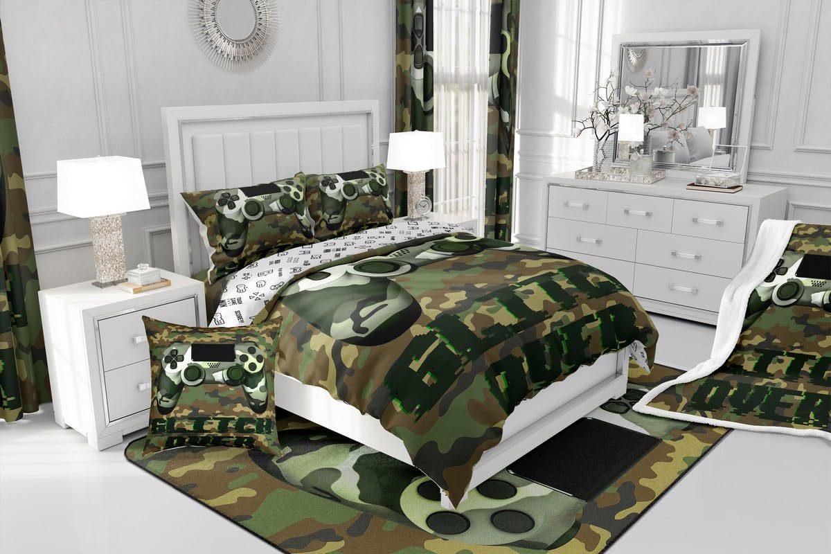 Erosebridal Boys Full Bedding Set - Gaming Themed Comforter Set for Kids & Teens, Army Green Gamer Bedroom Decor - Perfect for Gaming Rooms, Sleepovers & Teen Boy Bedrooms