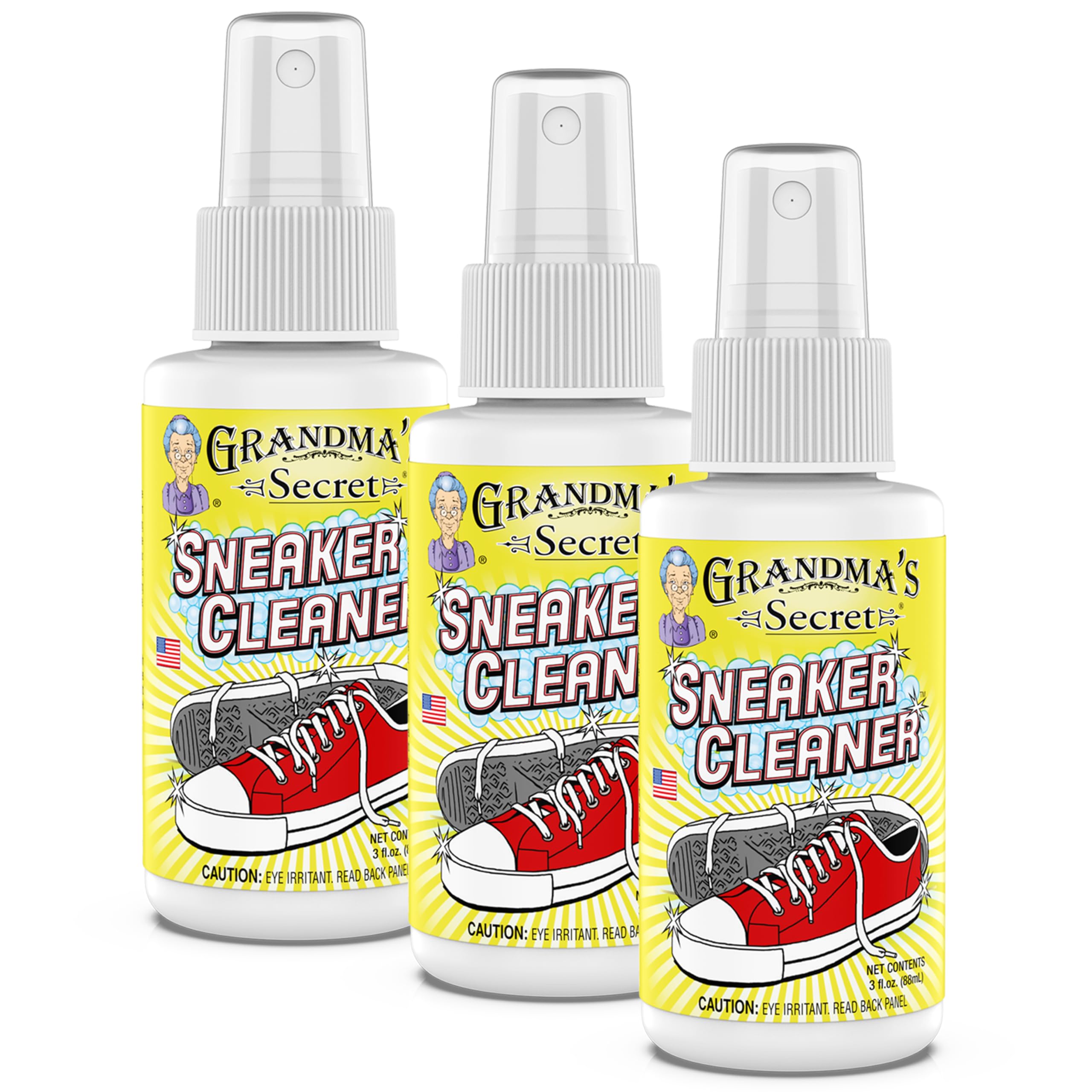 Grandma's Secret Sneaker Cleaner - 3 Pack (3oz Each) | Effective Shoe Cleaner Spray for Rubber, Canvas & Leather | Removes Dirt, Grime & Grass Stains | Perfect for Sneakers, Outdoor Shoes, Slippers & Moccasins | Ideal for Sports, Hiking & Everyday Wear