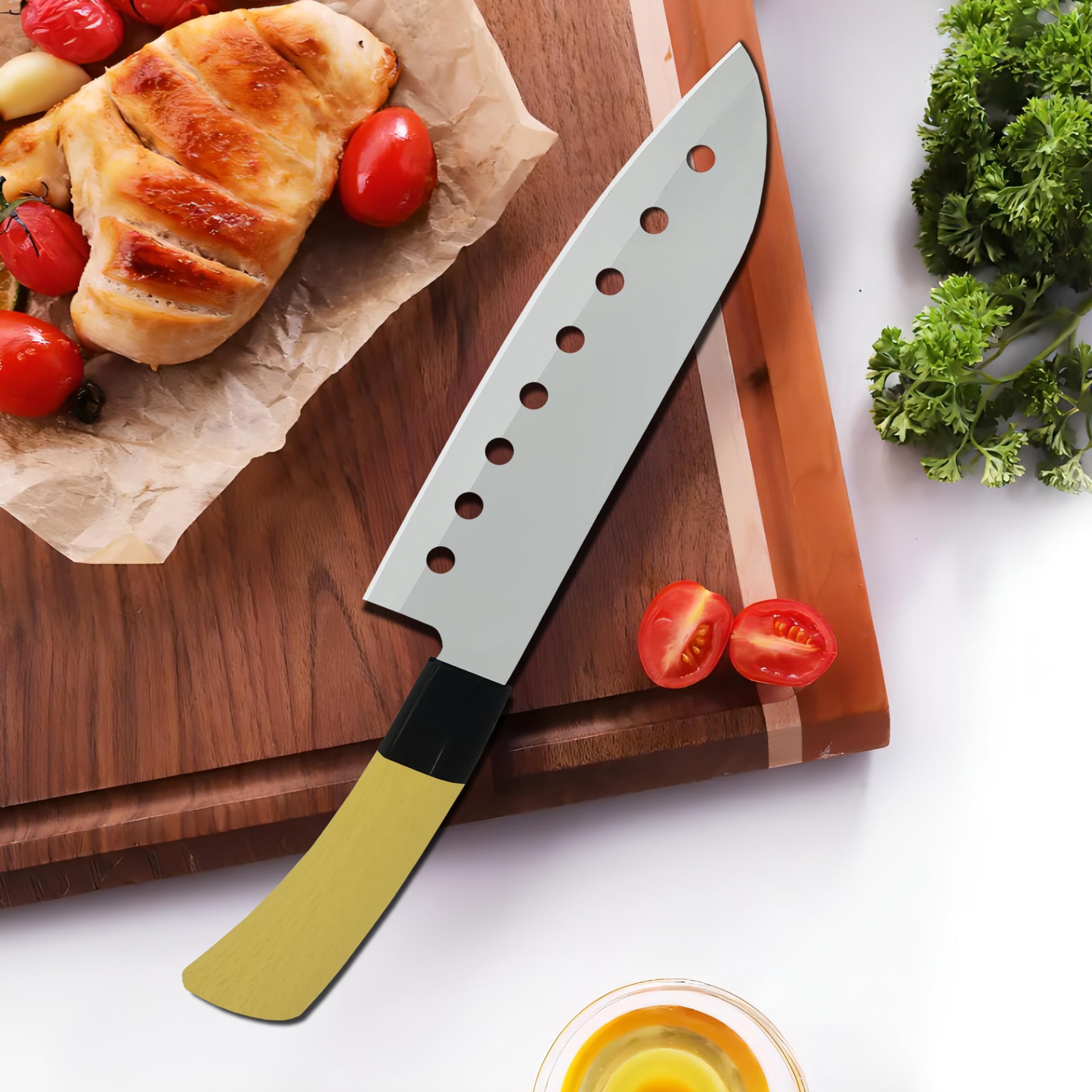 ATARC AT-135 7-Inch Japanese Santoku Knife with Non-Stick Holes - Ultra Sharp Stainless Steel Blade for Meat, Chicken, Cheese, Vegetables & Fruits - Ergonomic Handle (Yellow) - Perfect for Home Kitchen, Professional Chefs & Food Prep