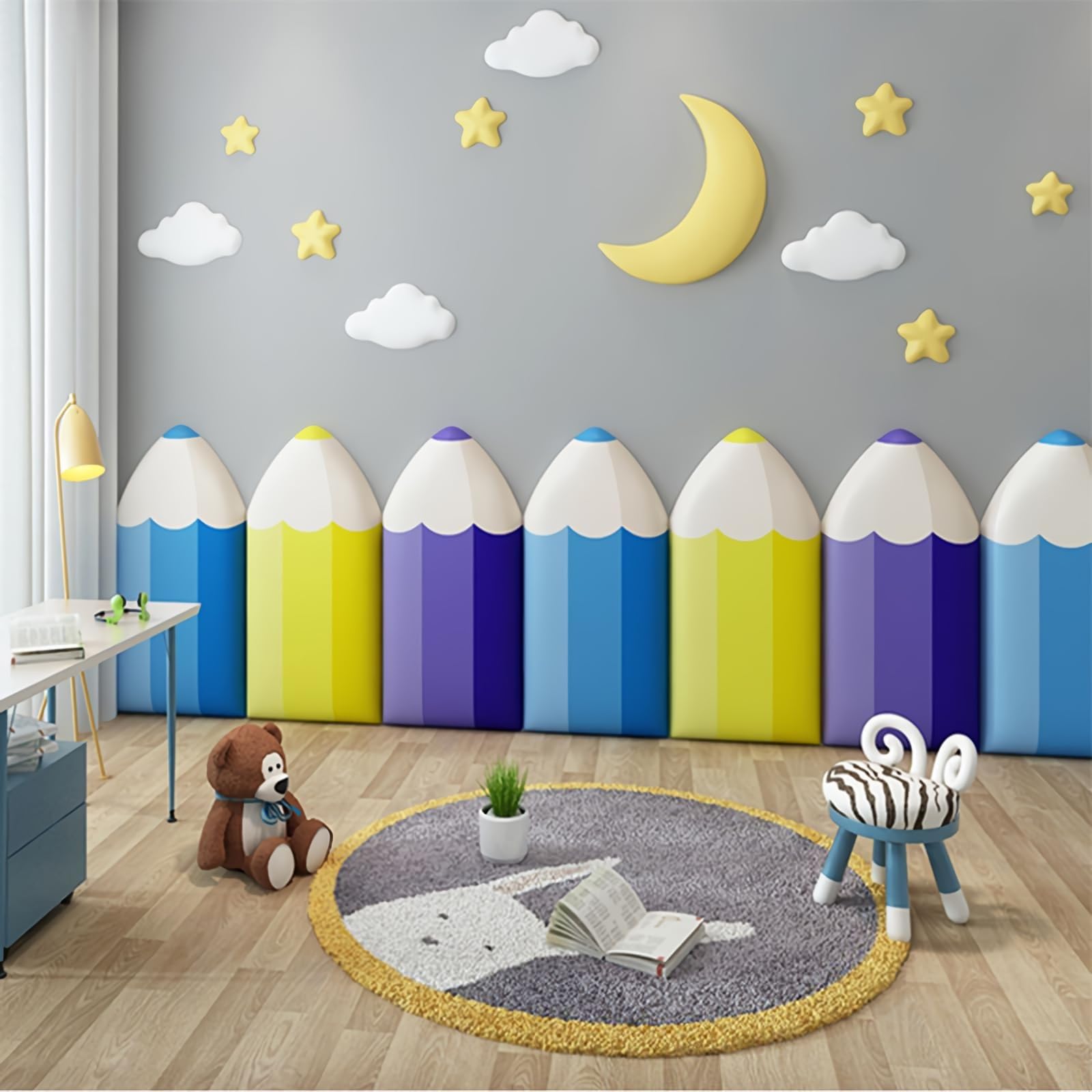 3D Anti-Collision Wall Stickers for Kids - 1.8cm Thick Pencil-Shaped Wall Padding, DIY PU Self-Adhesive Waterproof Wall Protector for Bedroom, Nursery & Playroom (30x60cm, Blue) - Perfect for Child Safety & Room Decoration