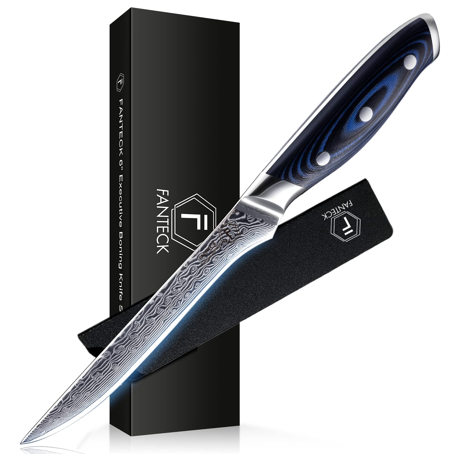 FANTECK 6 Inch Damascus Boning Fillet Knife - 67 Layer Japanese Professional Sharp Curved Flexible Blade Kitchen Chef Knife with Sheath - Perfect for Fish, Poultry, Chicken & Meat Cutting - Ergonomic G10 Handle - Ideal for Home Chefs, Butchers & Outdoor Cooking