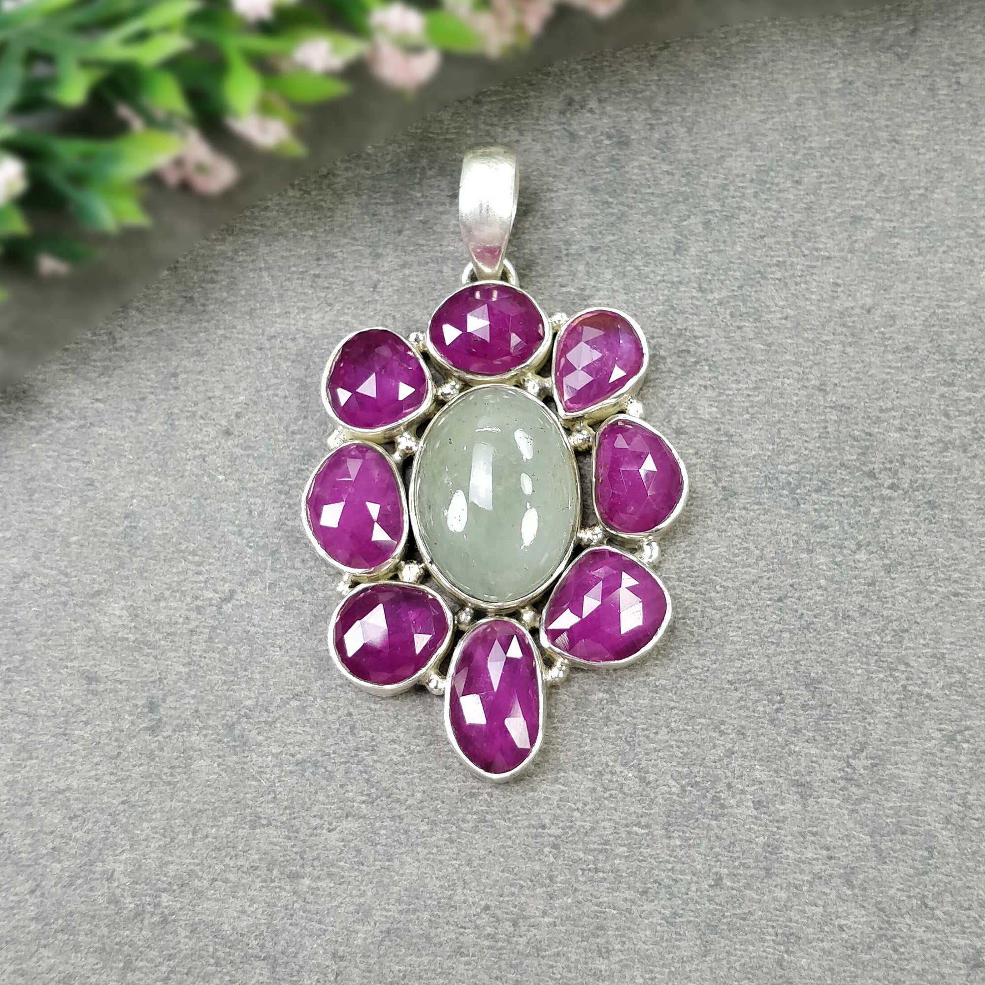 925 Sterling Silver Pendant with Natural Aquamarine & Glass-Filled Red Ruby Gemstones - Cabochon and Faceted Bezel Set Jewelry (2.25