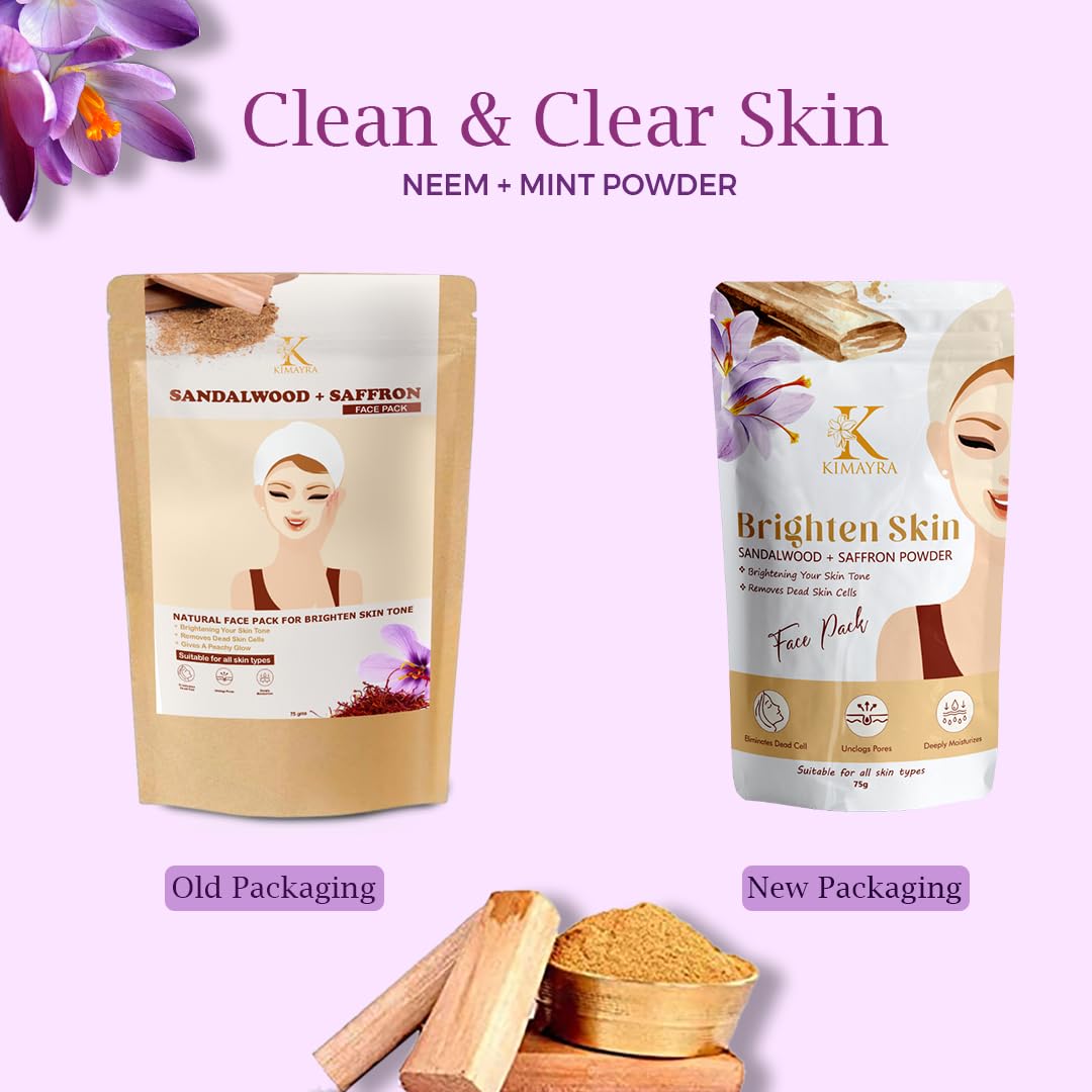 Kimayra Sandalwood & Saffron Face Pack Powder - Brightens Skin Tone, Removes Dead Cells & Deeply Moisturizes | Natural Skincare for All Skin Types (75g, Pack of 5) | Perfect for Daily Glow Routine & Spa Treatments