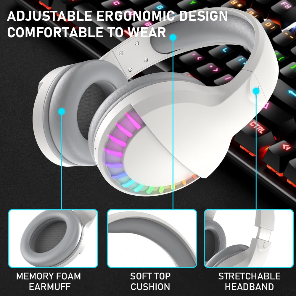 Wireless Bluetooth Headphones with Active Noise Cancelling, HiFi Stereo Sound & Deep Bass - Over-Ear Headset with Mic, RGB Backlight & Protein Earpads for PC, Mac, Gaming, Travel, Office & Home Use (White) - Perfect for Work, Entertainment & Long Flights