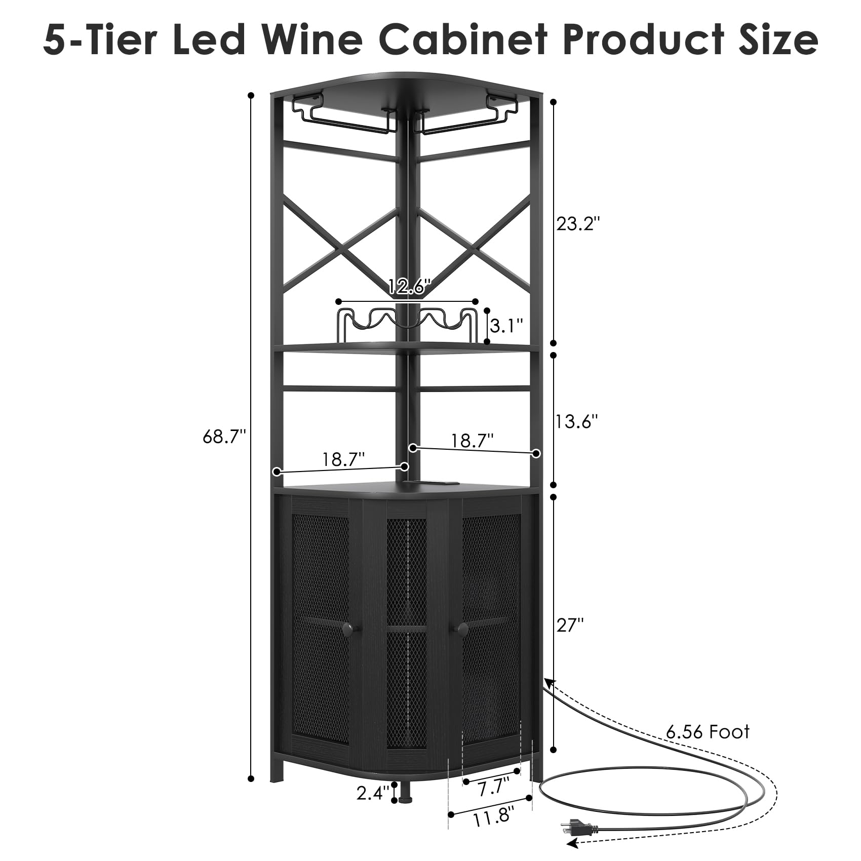 Industrial 5-Tier Corner Bar Cabinet with LED Strip & Power Outlet - Modern Wine & Liquor Display Cabinet with Glass Holder for Home, Office or Small Spaces - Black