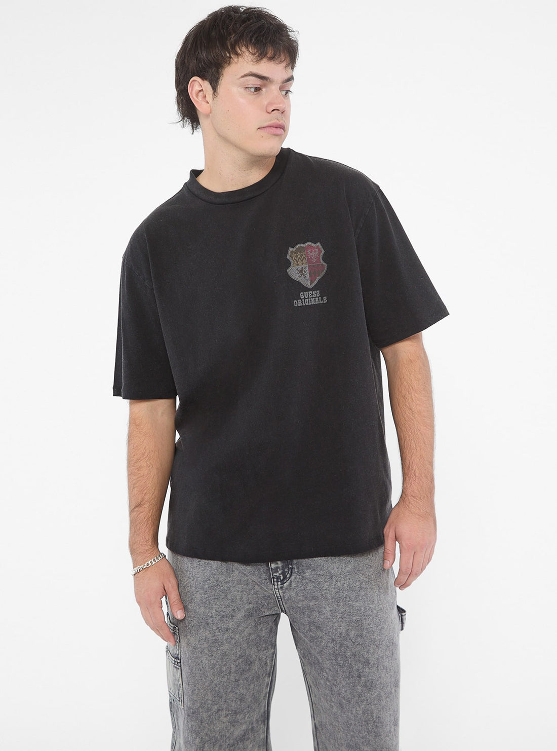Guess Originals Black Varsity Graphic T-Shirt for Men - Vintage Style Cotton Tee with Bold Lettering - Perfect for Casual Wear, Street Style & Everyday Outfits