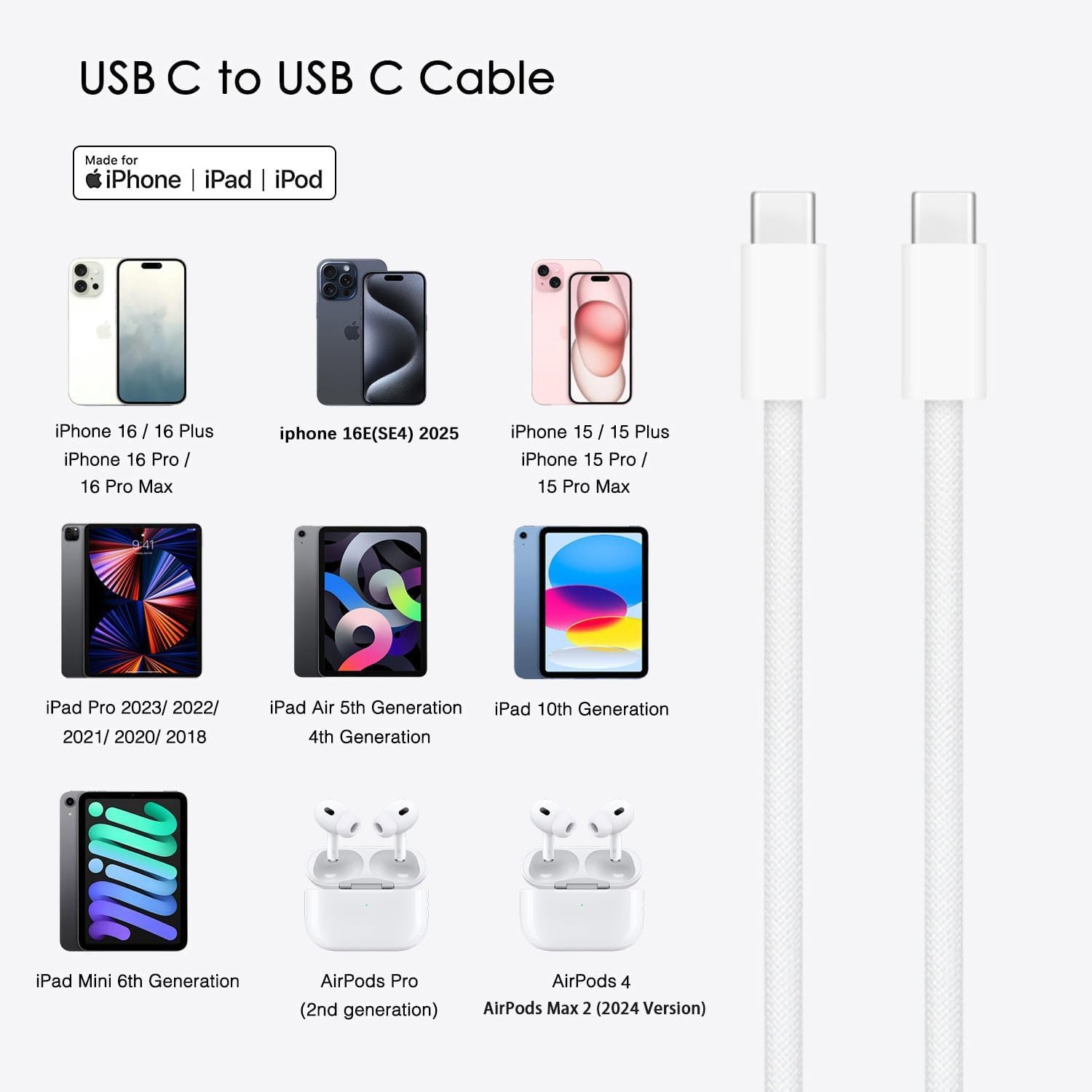 6ft USB C to USB C Fast Charging Cable - 20W PD Compatible with iPhone 16/16E/15 Series, AirPods 4/Pro 2/Max 2 | Durable Woven Nylon Cord for Home, Office & Travel Charging