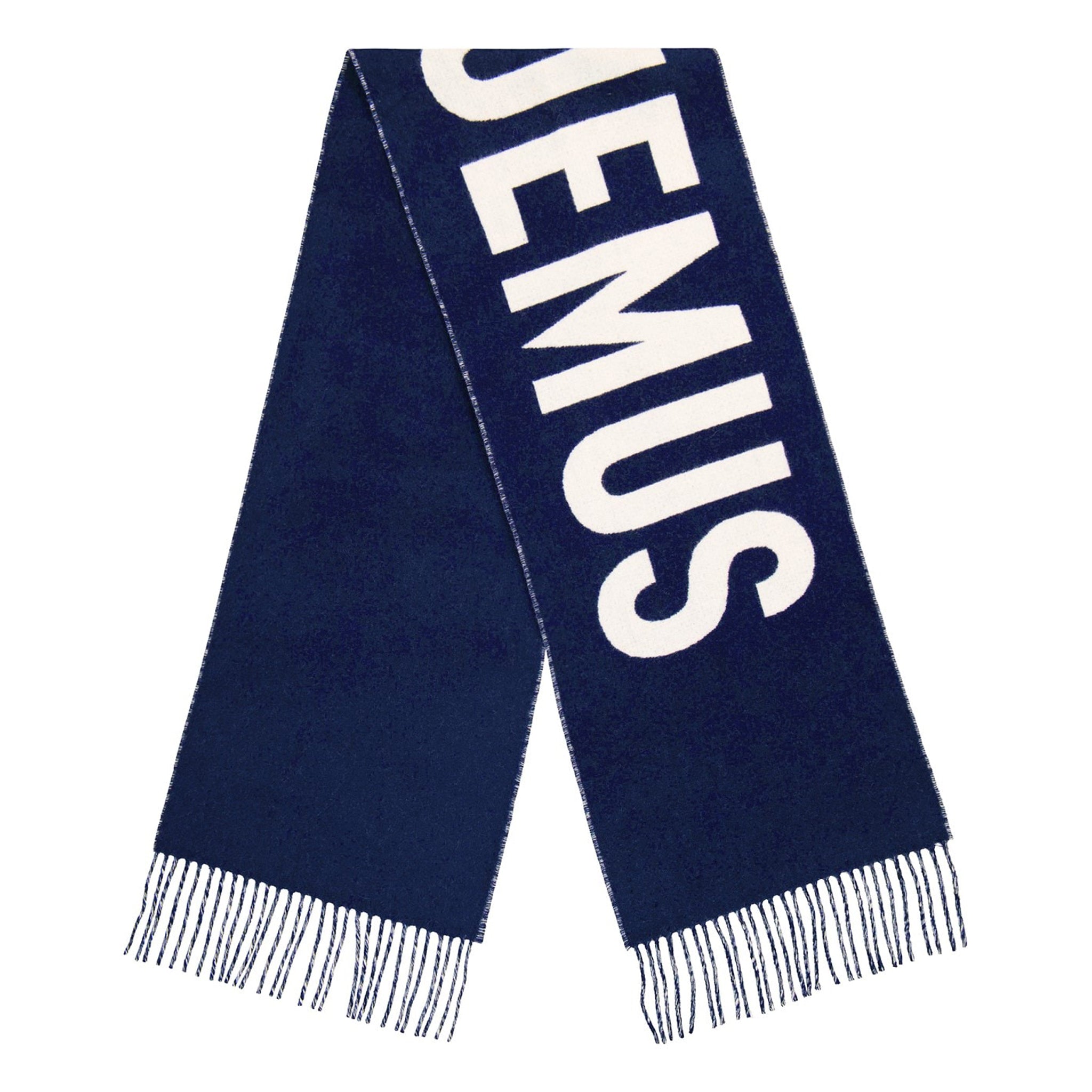 Jacquemus L'echarpe Fringe Logo Navy Scarf - Stylish Designer Scarf for Women & Men - Perfect for Winter Fashion, Outfit Accessories & Gift Giving