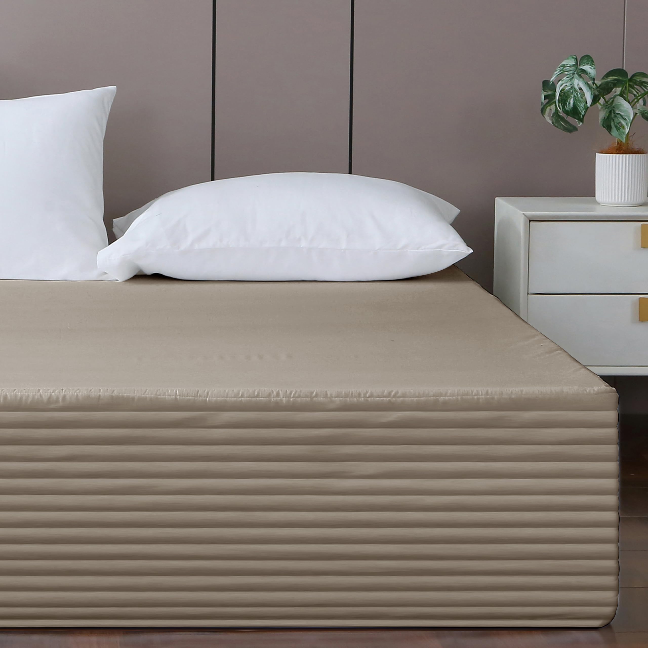 King Size Bed Skirt - 14 Inch Drop Box Spring Cover, Wrinkle & Fade Resistant Hotel Style Wrap Around Bed Skirt with Horizontal Stripe Light Khaki Design - Perfect for Luxury Bedrooms, Guest Rooms & Hotel Decor
