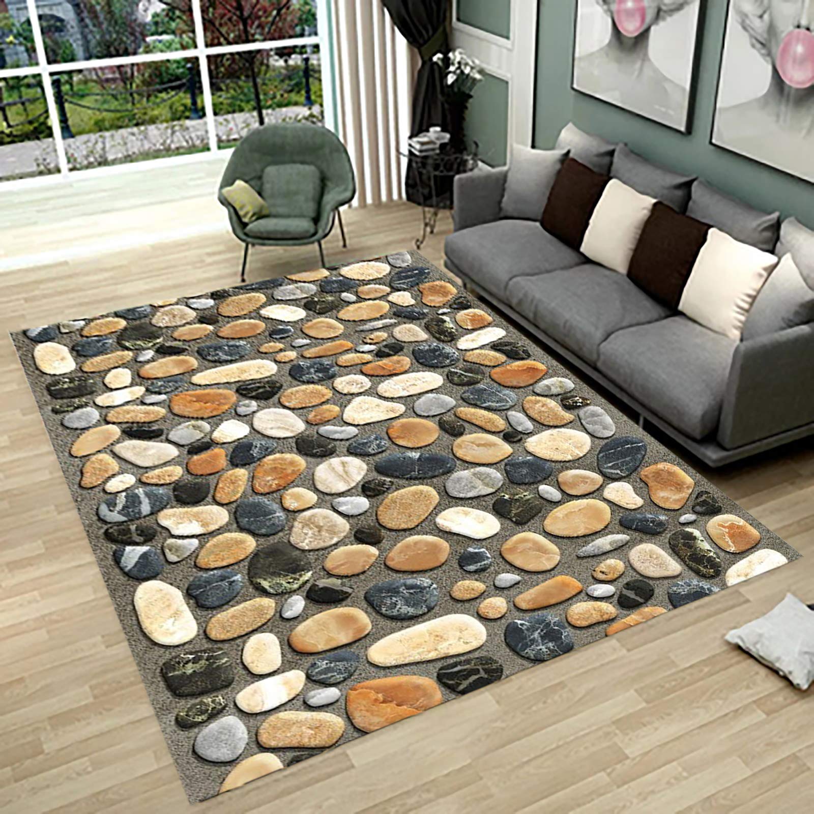 Non-Slip 3D Printed Hallway Runner Rug - Soft Modern Seaside Stones & Pebbles Design for Hard Floors | Machine Washable Entryway Carpet for Bedroom, Kitchen, Living Room | Perfect for High-Traffic Areas & Coastal Home Decor