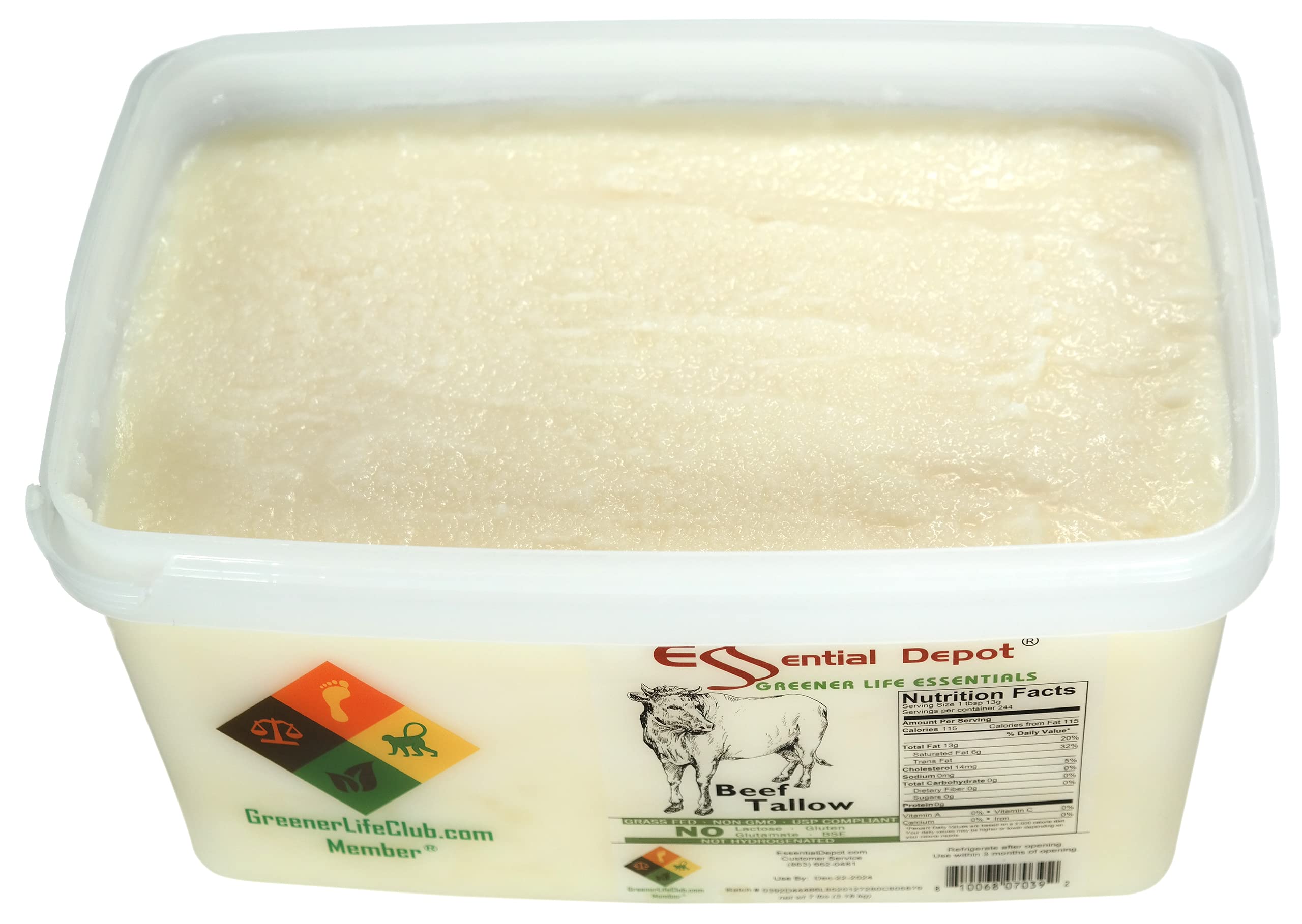 Premium Beef Tallow - 7 lbs USDA Approved, Freezer & Microwave Safe Square Pail with Resealable Lid & Removable Handle - Ideal for Cooking, Skincare, and Soap Making