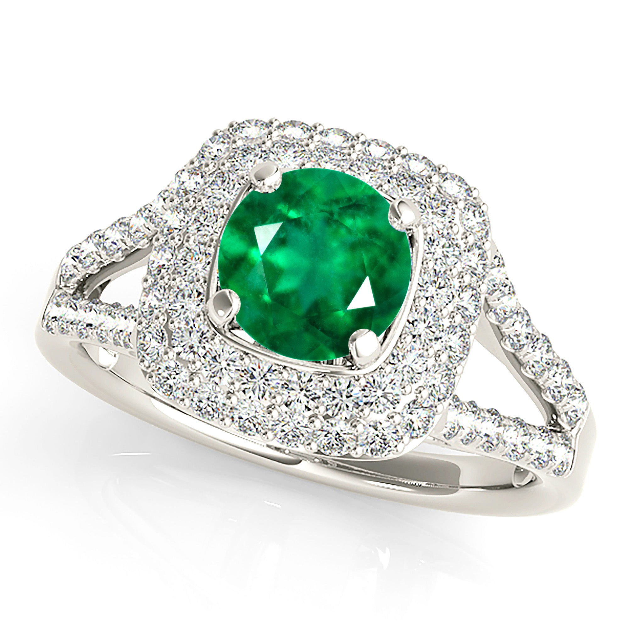 1.15 Carat Genuine Emerald Halo Ring with Wide Split Diamond Band - Elegant Engagement, Anniversary & Special Occasion Jewelry Gift