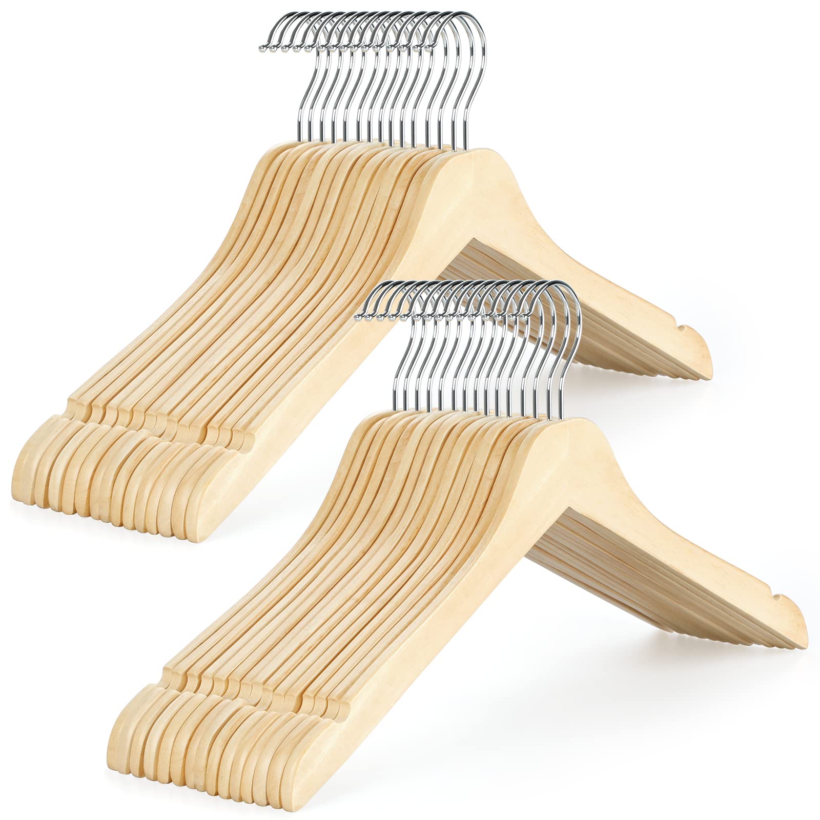 30 Pack Wooden Clothes Hangers - Slim & Durable 0.28-inch Space Saving Hangers with 360° Swivel Hook - Natural Wood Coat Hangers for Shirts, Jackets, Blouses & Camisoles - Perfect for Closet Organization & Wardrobe Storage