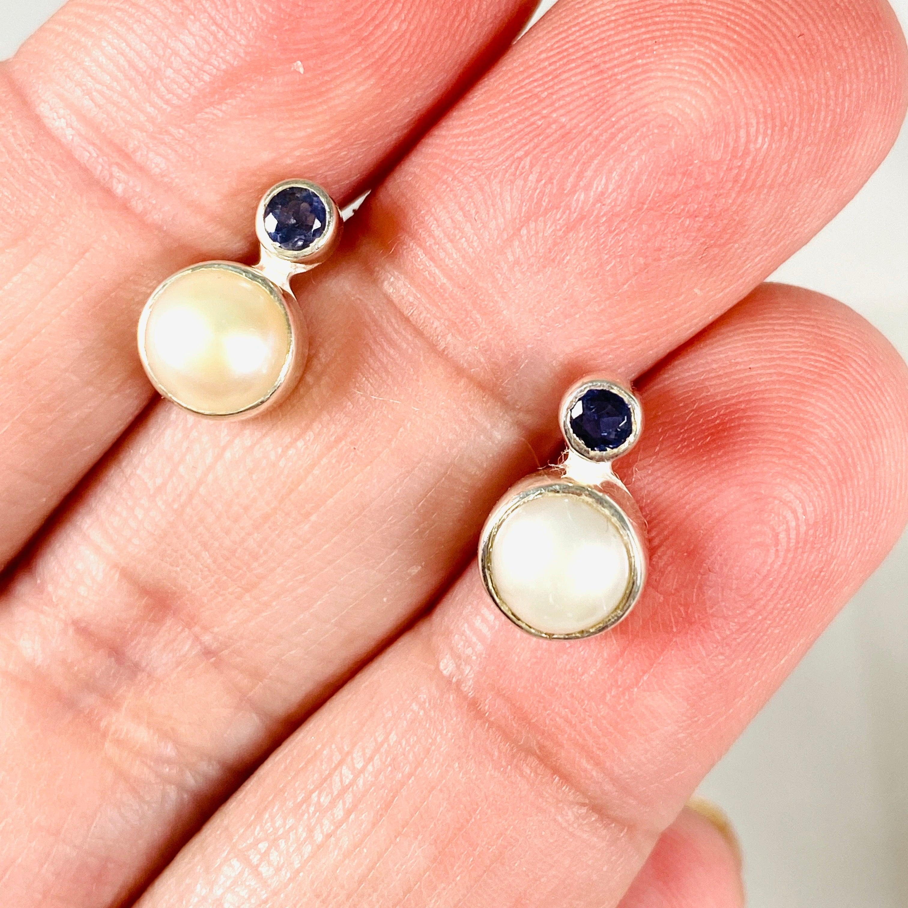 Pearl and Iolite Stud Earrings S259 IO - Elegant Jewelry for Women, Perfect for Weddings, Parties & Everyday Wear