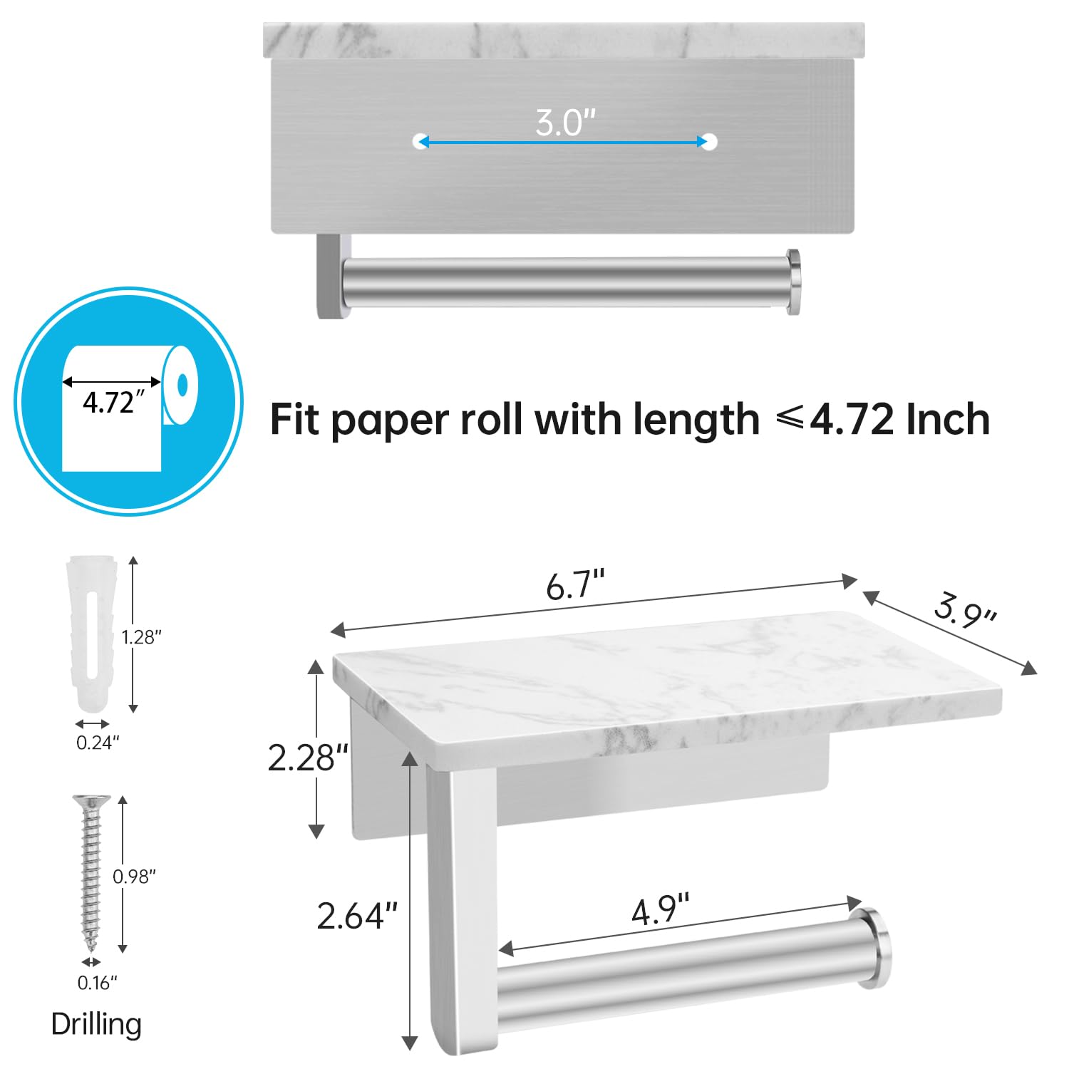 Marble Toilet Paper Holder with Shelf - SUS304 Stainless Steel Wall Mounted Bathroom Tissue Holder - Includes 2 Free Adhesive Hooks - Brushed Nickel Finish - Perfect for Modern Bathrooms & Powder Rooms