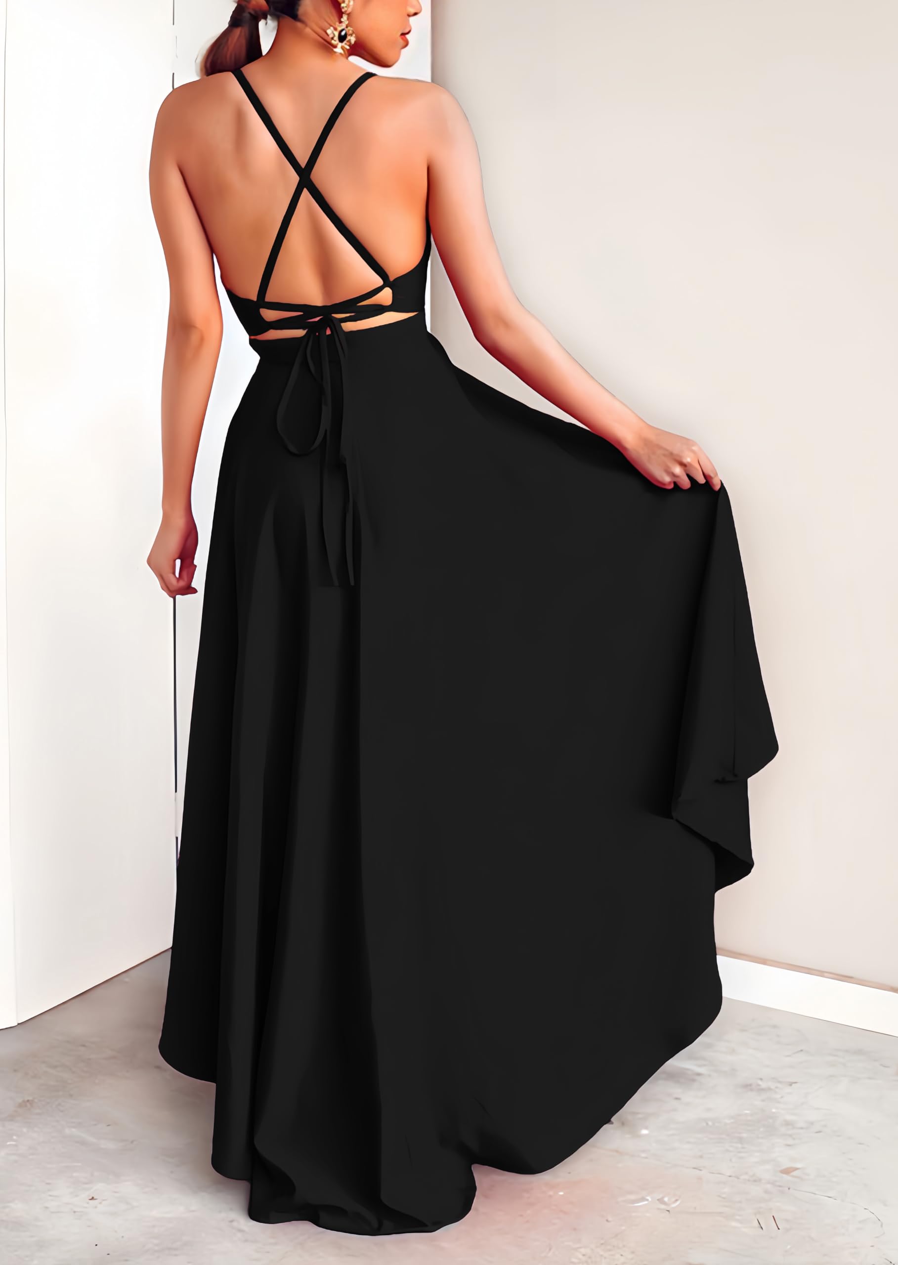 Elegant Women's Deep V-Neck Sleeveless A-Line High-Low Evening Gown - Formal Cocktail Party Dress for Weddings, Galas & Special Occasions