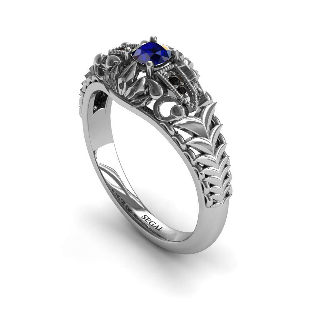 14K White Gold Vintage Victorian Edwardian Filigree Engagement Ring with Sapphire & Black Diamond - Elegant Antique Style Jewelry for Weddings, Anniversaries, and Special Occasions