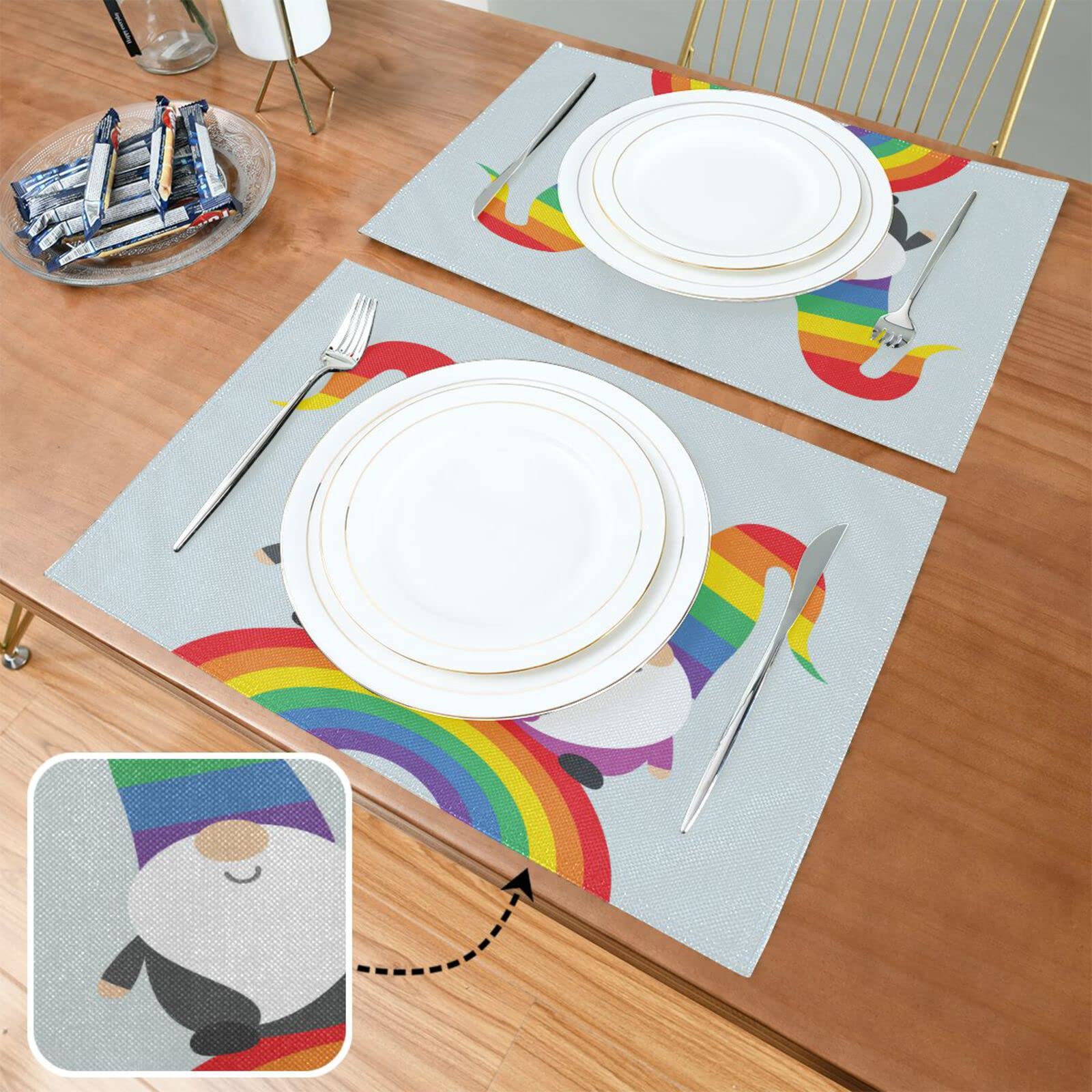 Rainbow Pride Placemats Set of 4 - LGBT Gnome Valentine Themed Washable & Heat Resistant Kitchen Table Mats 12x18 Inch - Perfect for Dining, Parties & LGBTQ+ Celebrations