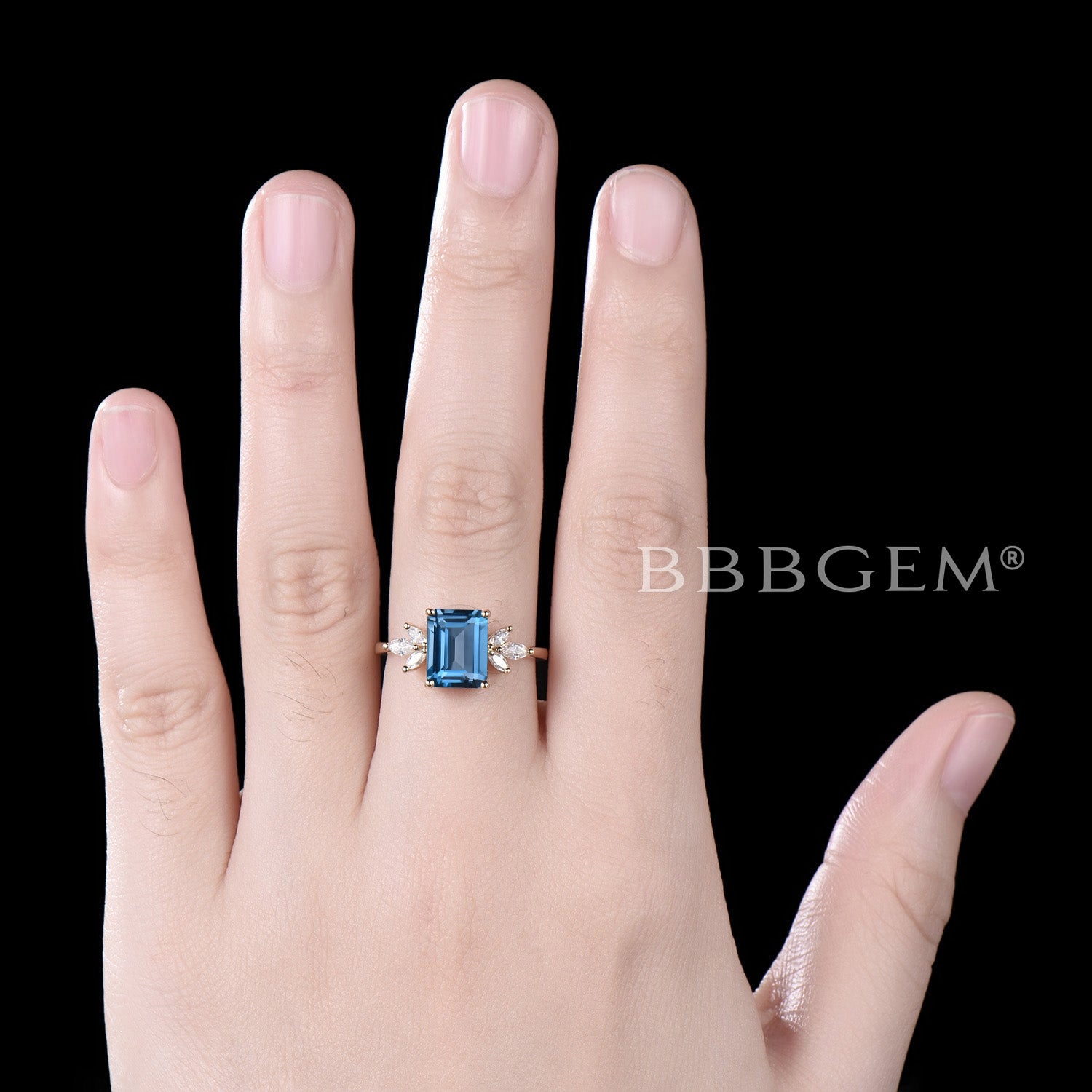Emerald Cut London Blue Topaz Engagement Ring - 14K/18K Yellow Gold Wedding Band with Marquise Moissanite Accents | December Birthstone Jewelry for Women | Perfect for Proposals, Anniversaries & Special Occasions