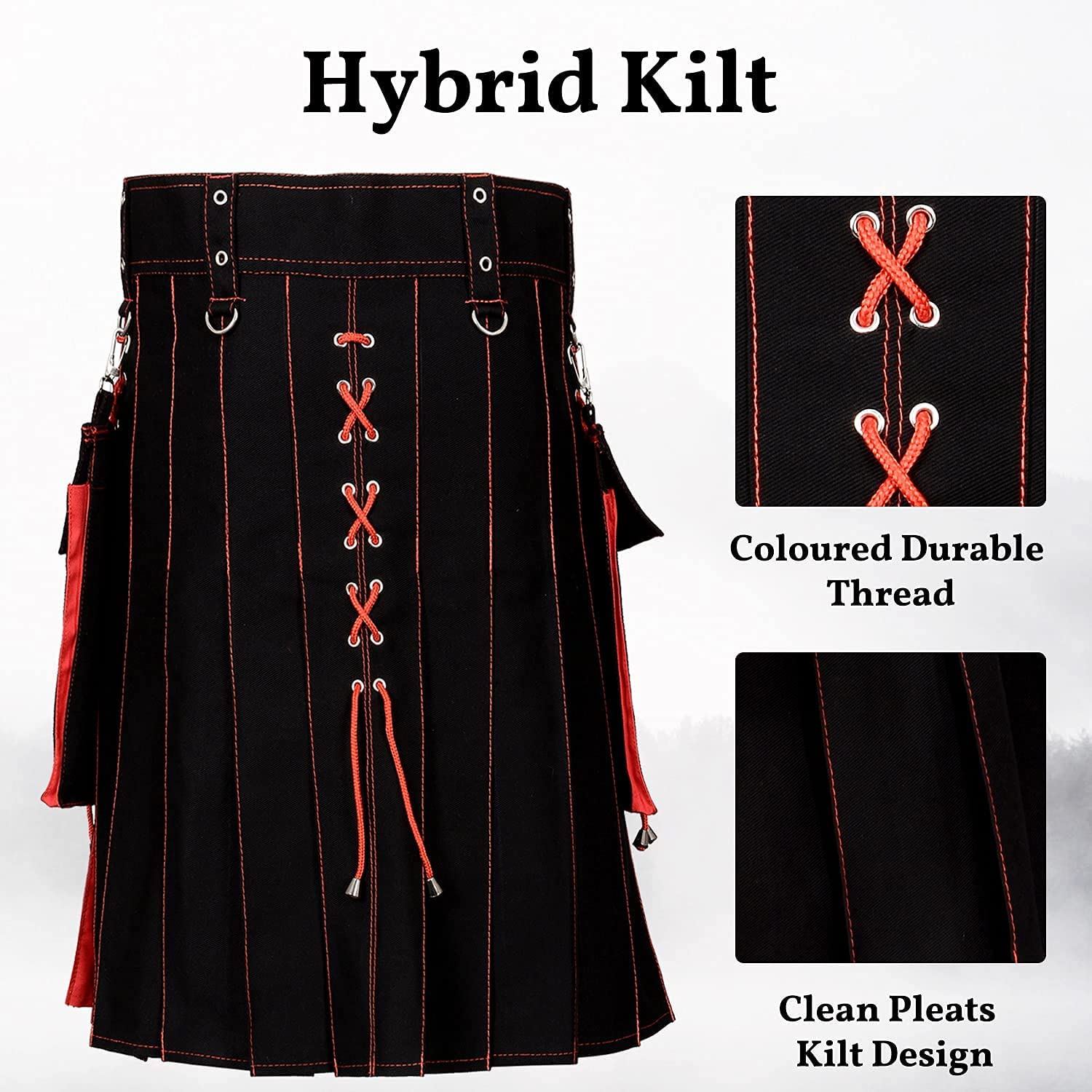 Men's Hybrid Utility Kilts - Sport & Traditional Style Red Highland Kilt - 100% Cotton Denim Jeans Material - Waist Size 30 (Black & Red) - Perfect for Renaissance Fairs, Highland Games & Outdoor Adventures