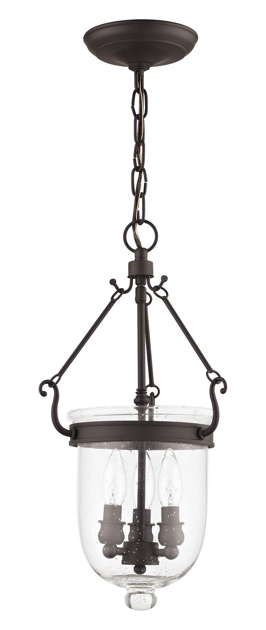Livex Lighting 5083-07 Jefferson 3-Light Bronze Bell Jar Hanging Lantern with Seeded Glass - Vintage Farmhouse Ceiling Light for Dining Room, Kitchen, or Entryway