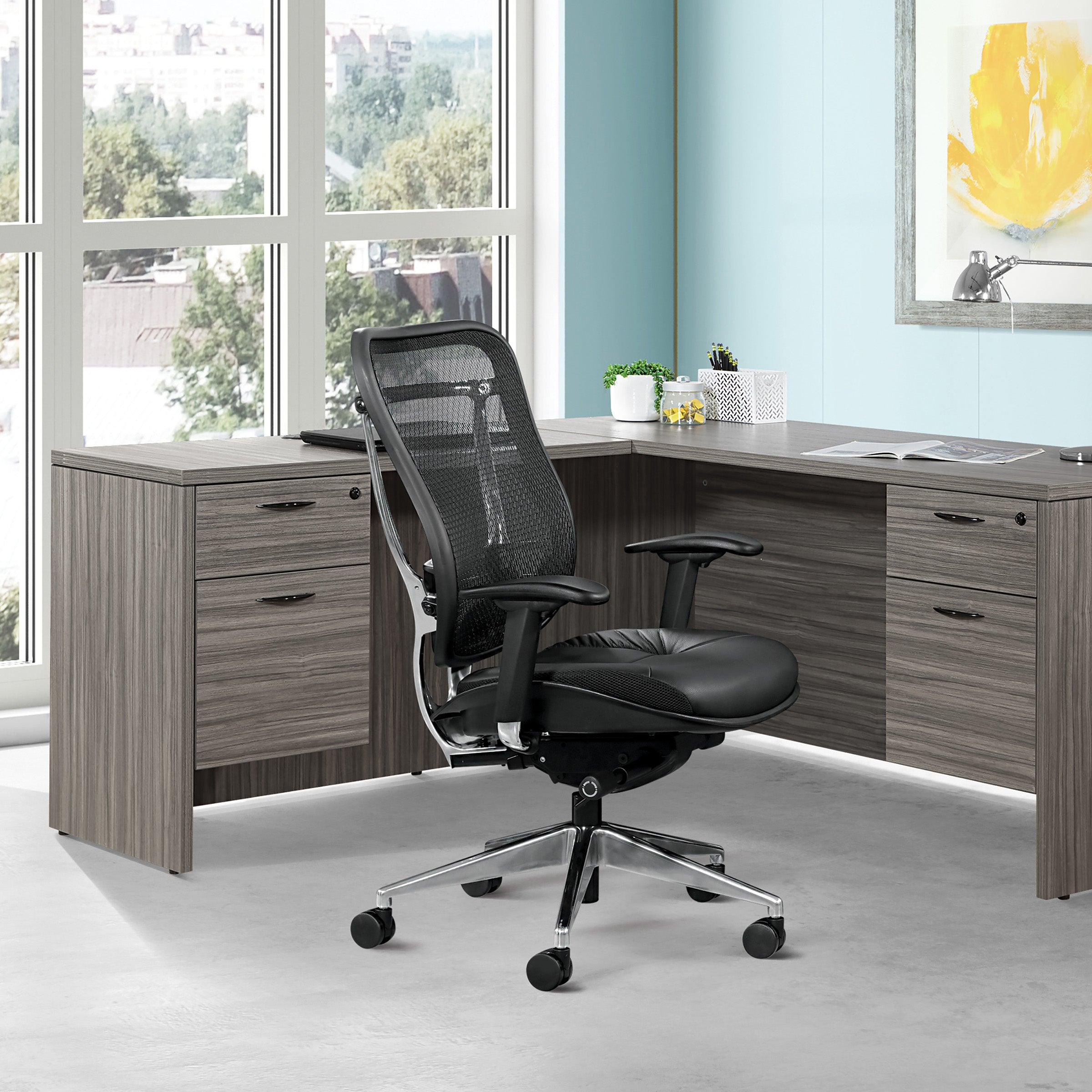 Space Seating® Executive High Back Ergonomic Mesh Office Chair with Leather Seat - Adjustable Lumbar Support & Tilt Function for Home & Business Workspaces [Model 818A 41P9C1A8]