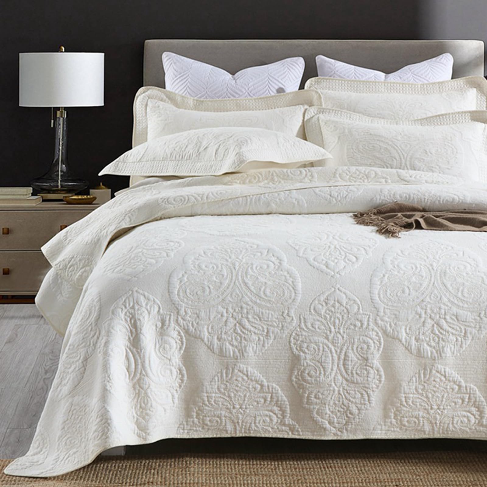 ABREEZE Luxury Beige Paisley Quilt Bedding Set - 100% Cotton Queen Size Bedspread Coverlet - Farmhouse Style Comforter Set for Cozy Bedroom Decor | Perfect for Master Bedroom, Guest Room & Vacation Homes