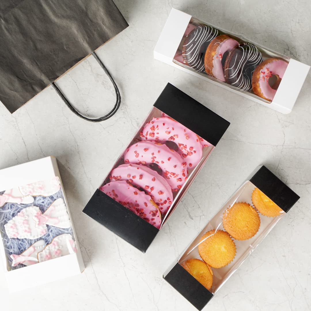 Restaurantware Pastry Tek 9.8 x 4.7 x 3.9 Inch 100-Pack Disposable Donut Boxes with Clear Window | Easy Assembly Black Paper Cookie Packaging for Muffins, Cupcakes & Mini Cakes | Perfect for Bakeries, Cafés & Catering Events