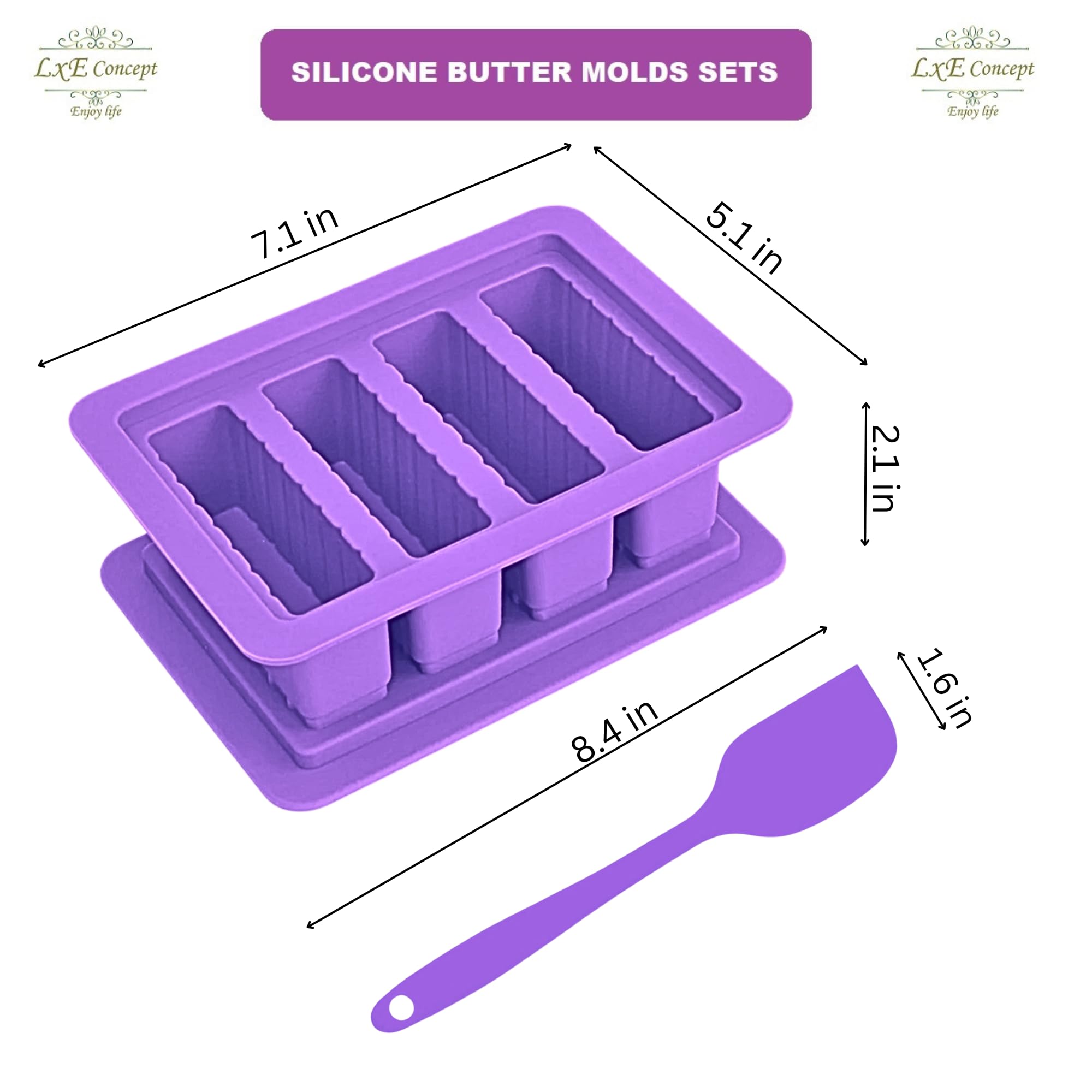 Silicone Butter Molds with Lid & Spatula - 4 Stick Forms for Herb Butter, Baking, Candles & Cookies | Reusable Purple Butter Tray for Kitchen, DIY Gifts & Party Decorations