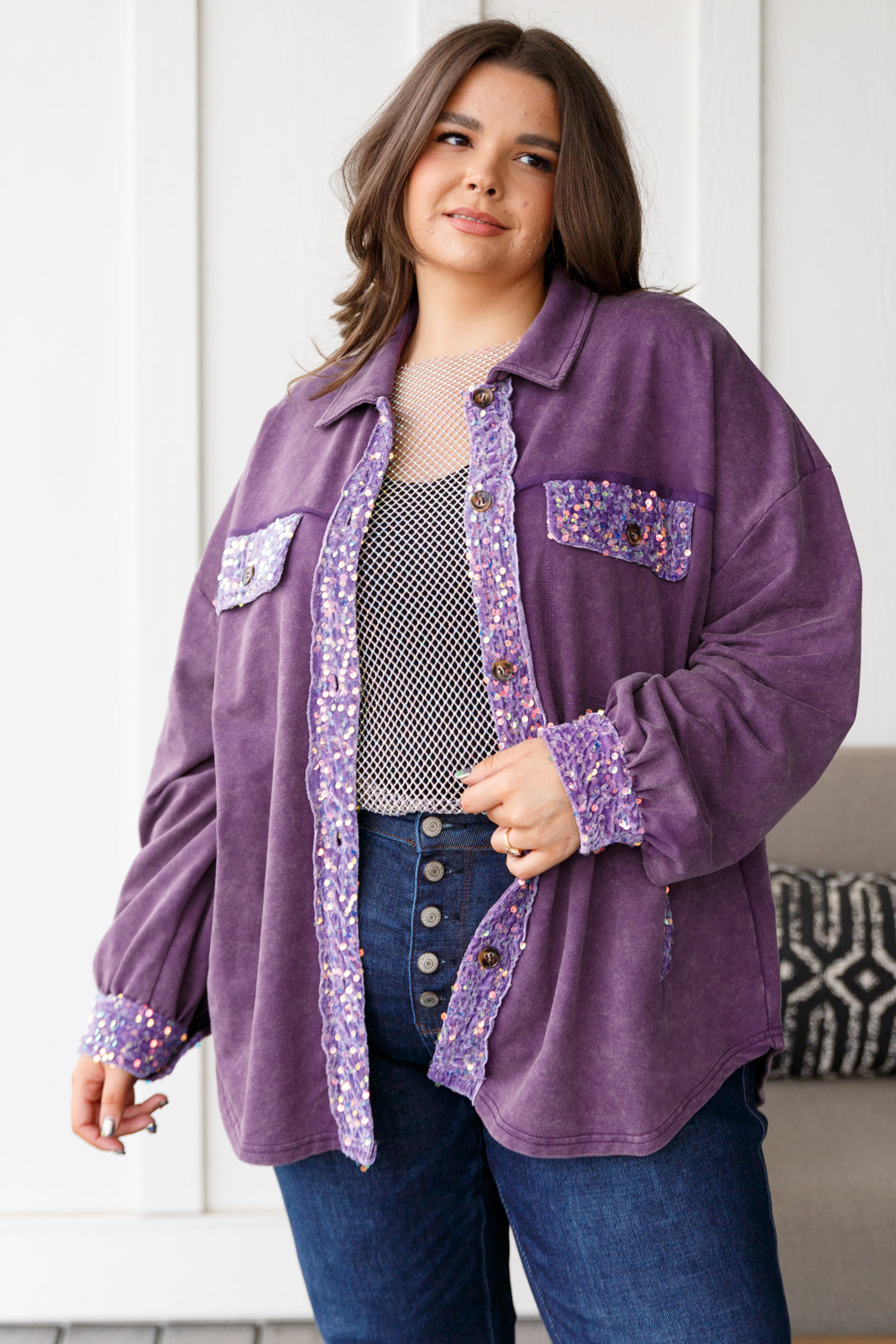 Purple Sequins Shacket for Women - Stylish Sparkly Jacket for Parties, Night Out & Special Occasions