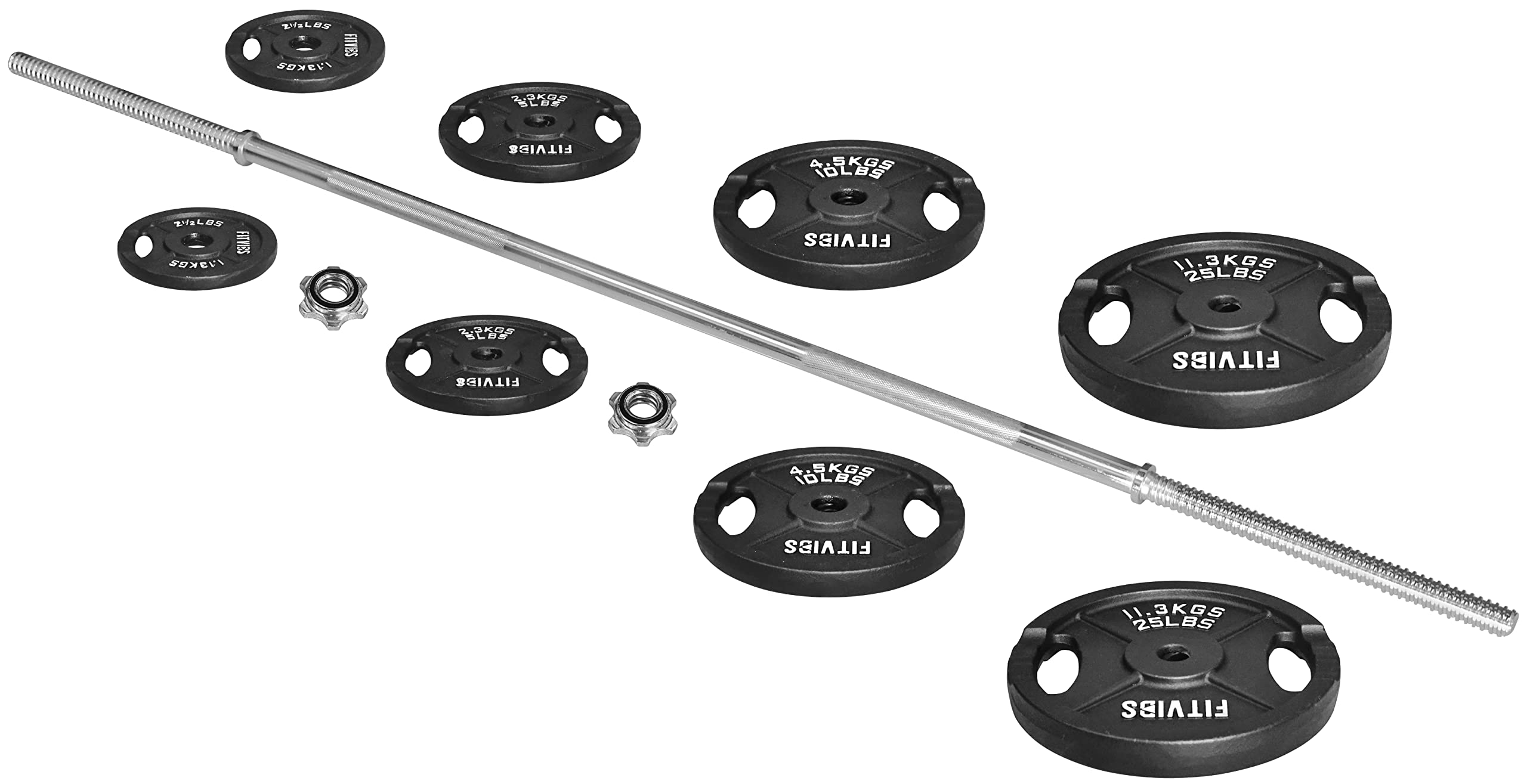 95-Pound Cast Iron Standard Weight Plate Set with 5FT Barbell & Star Locks - 85lbs Plates + 10lbs Bar for Home Gym, Strength Training & Weightlifting Workouts