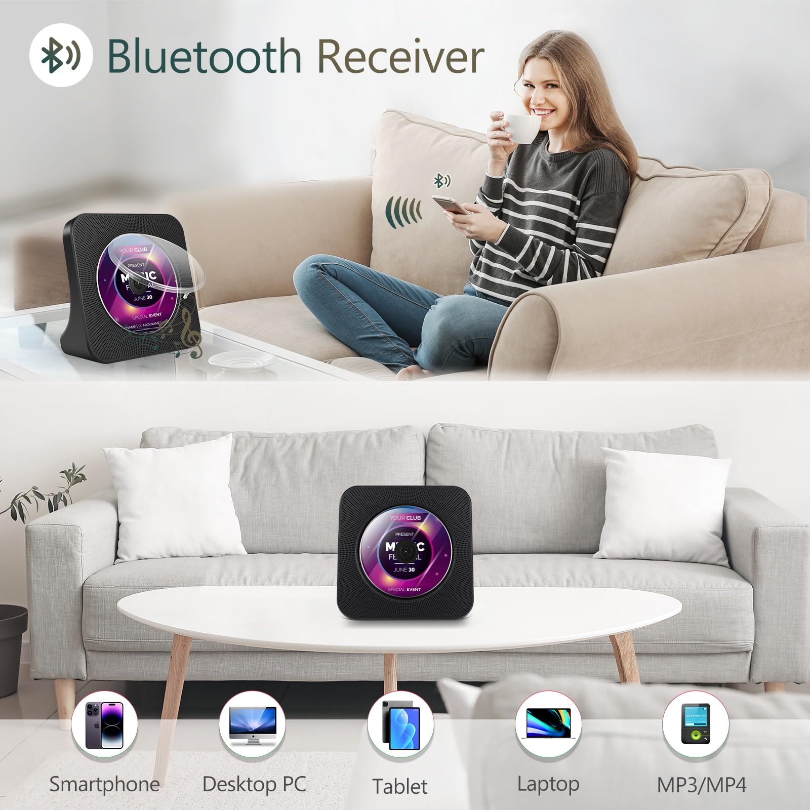 Portable Bluetooth CD Player with Built-in Speakers, AUX/USB Port, LCD Display & Remote Control - Wireless Music Streaming for Home, Office & Car Use | Dustproof Cover & Sleep Timer Function