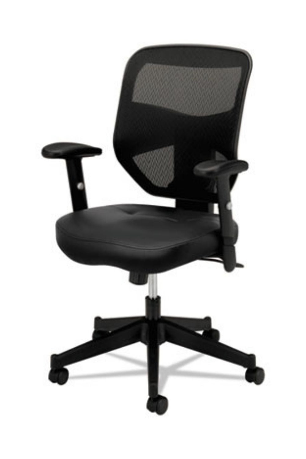 HON Prominent Mesh High Back Ergonomic Office Chair with Adjustable Arms & Center Tilt - Black Leather/Fabric Seat for Home & Business Workspaces