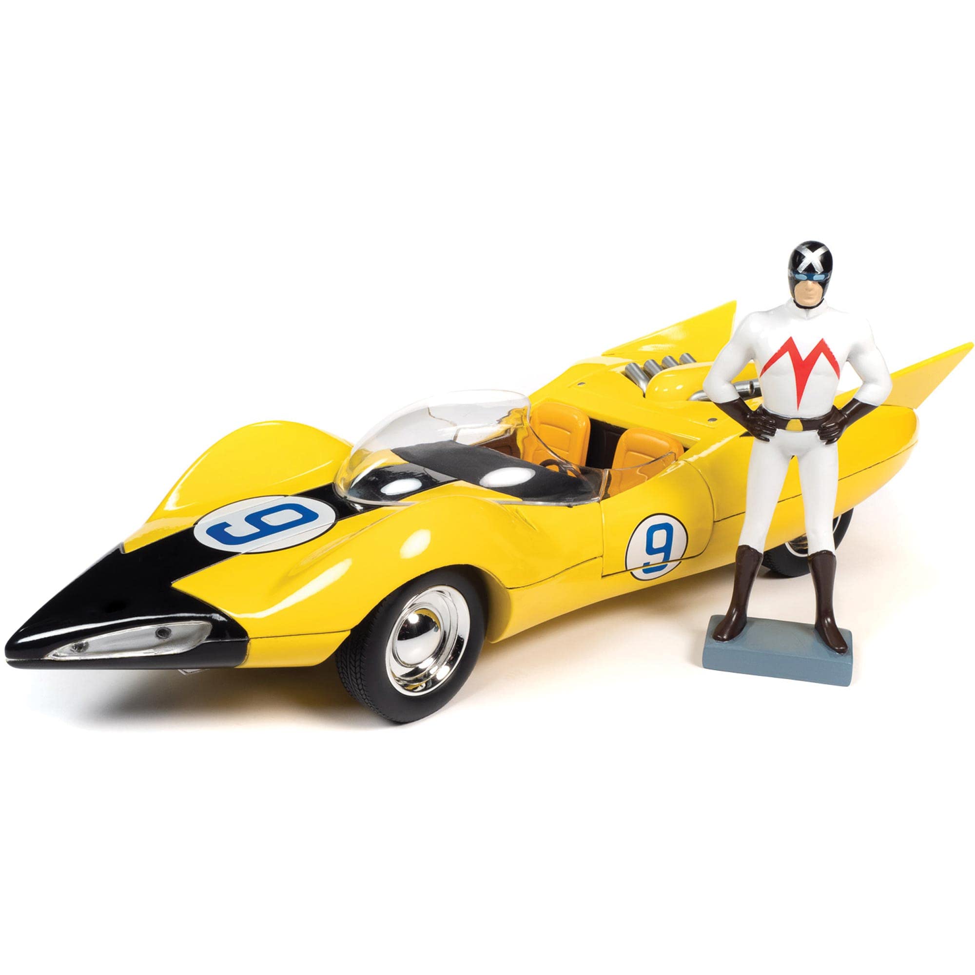 Speed Racer Anime Series 1/18 Scale Diecast Model Car - Shooting Star #9 Yellow & Racer X Figurine by Autoworld | Collectible Display & Gift for Anime Fans