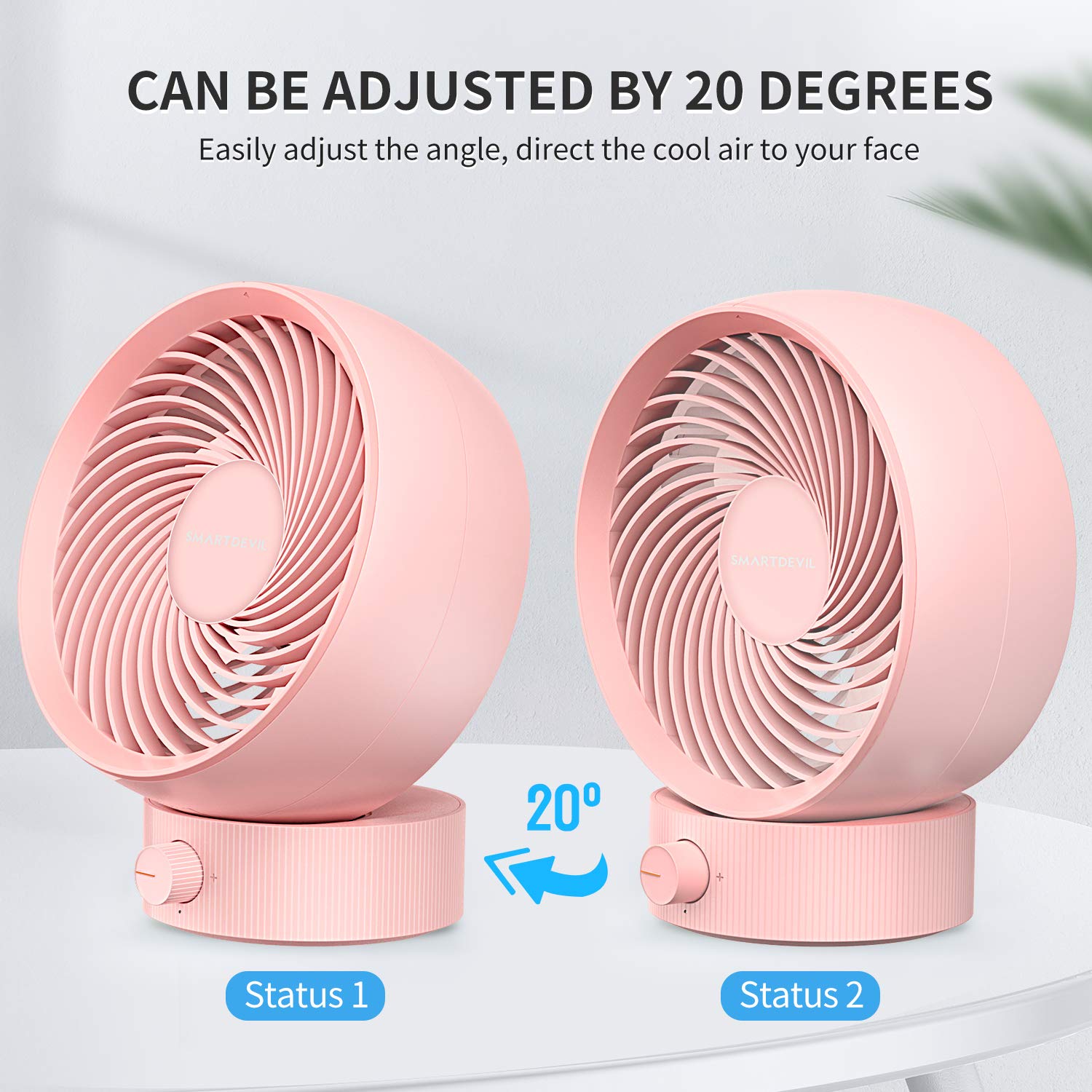 SmartDevil USB Desk Fan - Mini Quiet Portable Fan with Adjustable 20° Tilt & Stepless Speed Control - Low Noise USB Fan for Office, Home, Travel (Pink) - Perfect for Work Desks, Bedside Tables & Dorm Rooms