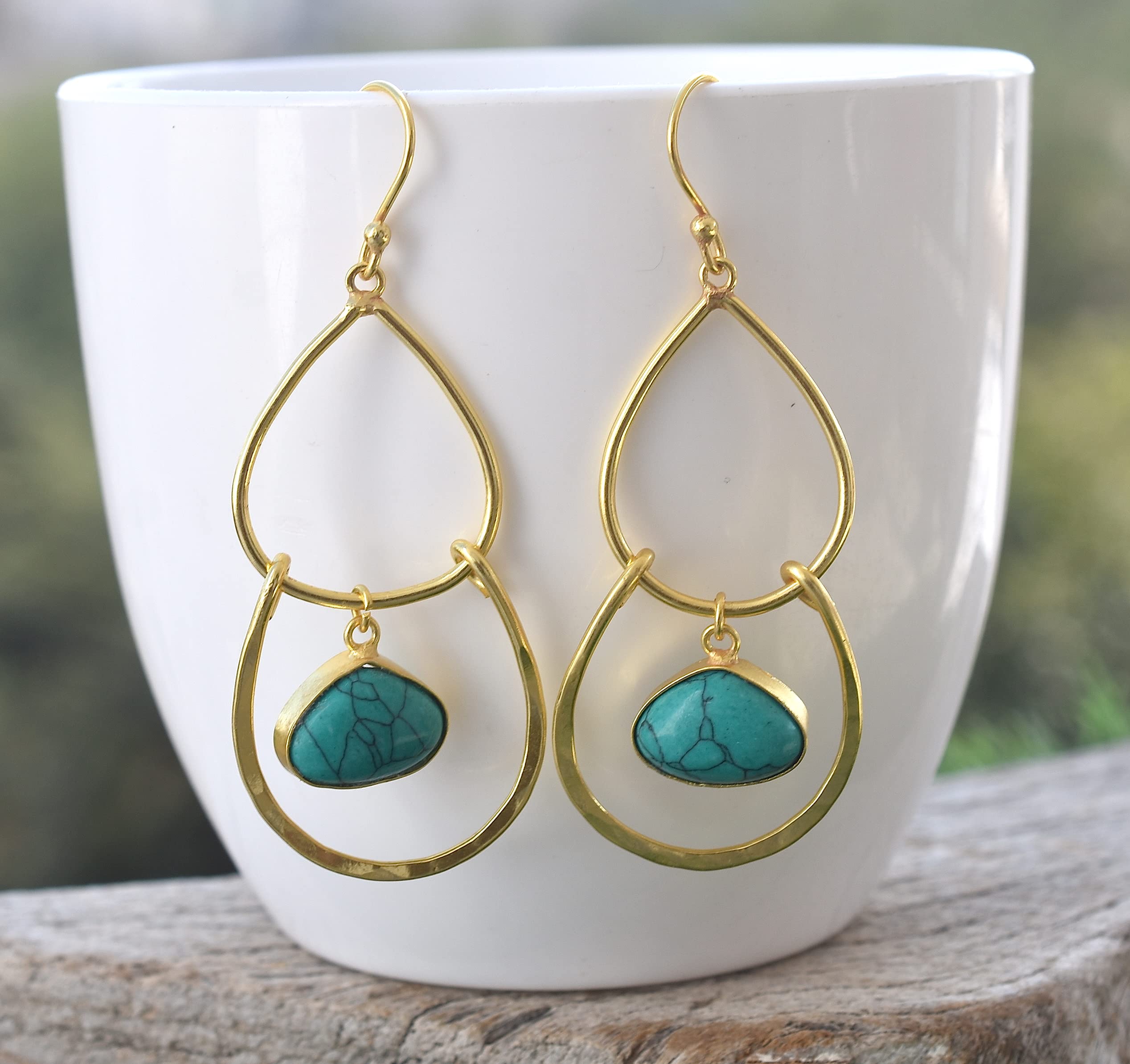 18K Gold Plated Green Turquoise Earrings for Women - Handmade Designer Fashion Jewelry - VE-327 | Perfect for Weddings, Parties & Everyday Wear