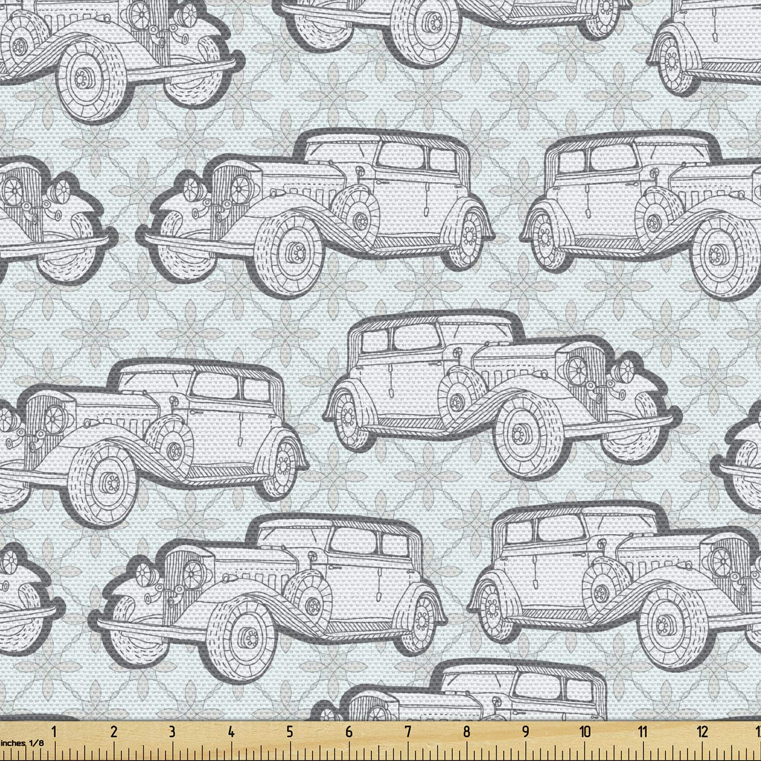 Ambesonne Vintage Fabric by The Yard - Retro Cars & Floral Damask Pattern Upholstery Fabric, 10 Yards Pale Blue Dust White | Decorative Fabric for Sofa, Curtains, Pillows & Home Decor