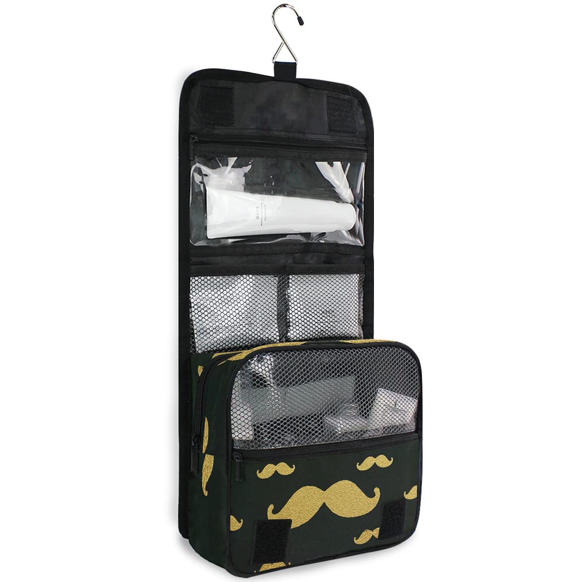Susiyo Hanging Toiletry Bag - Gold Mustache Travel Cosmetic Organizer for Women | Waterproof Makeup Bag for Bathroom, Gym & Vacation Essentials
