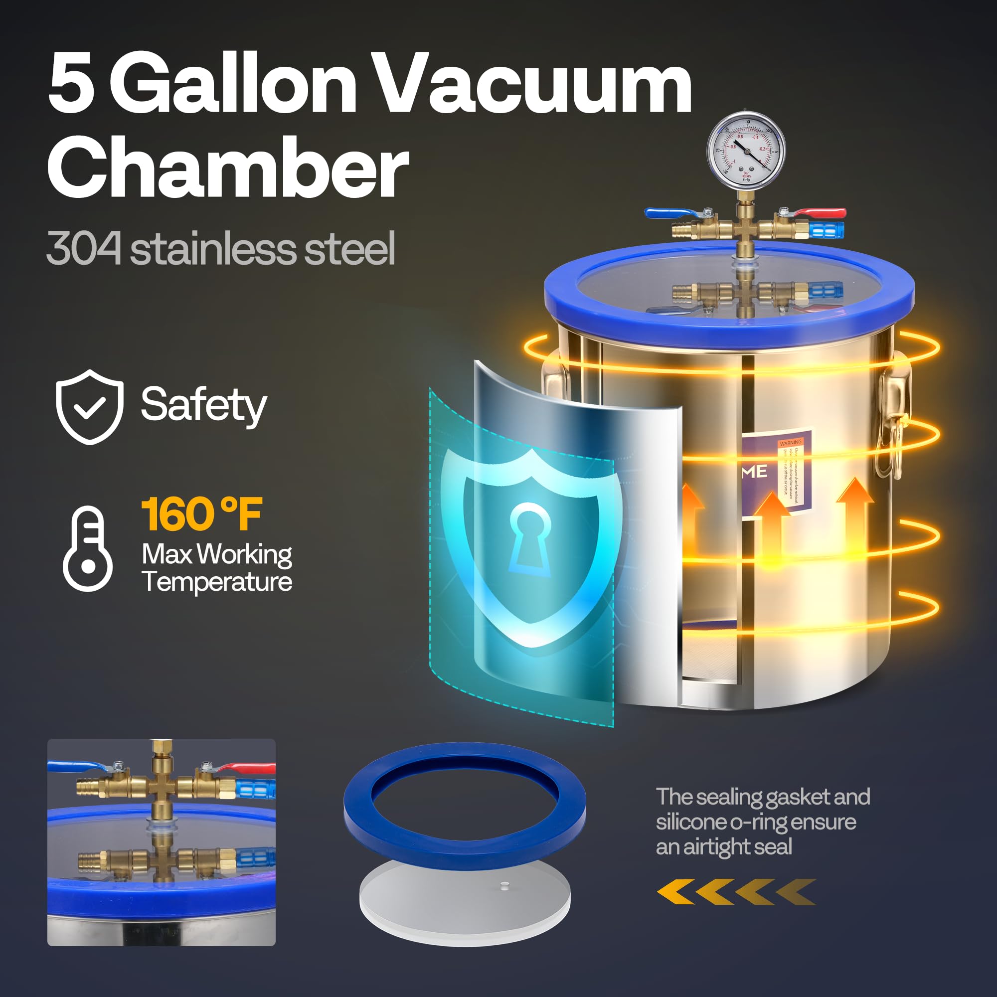 VIVOHOME 5 Gallon Vacuum Chamber Kit with 3.5 CFM 1/4 HP Vacuum Pump - 304 Stainless Steel Degassing Chamber for Resin, Epoxy, Silicone & Food Preservation - Perfect for DIY Crafts, Jewelry Making & Kitchen Use