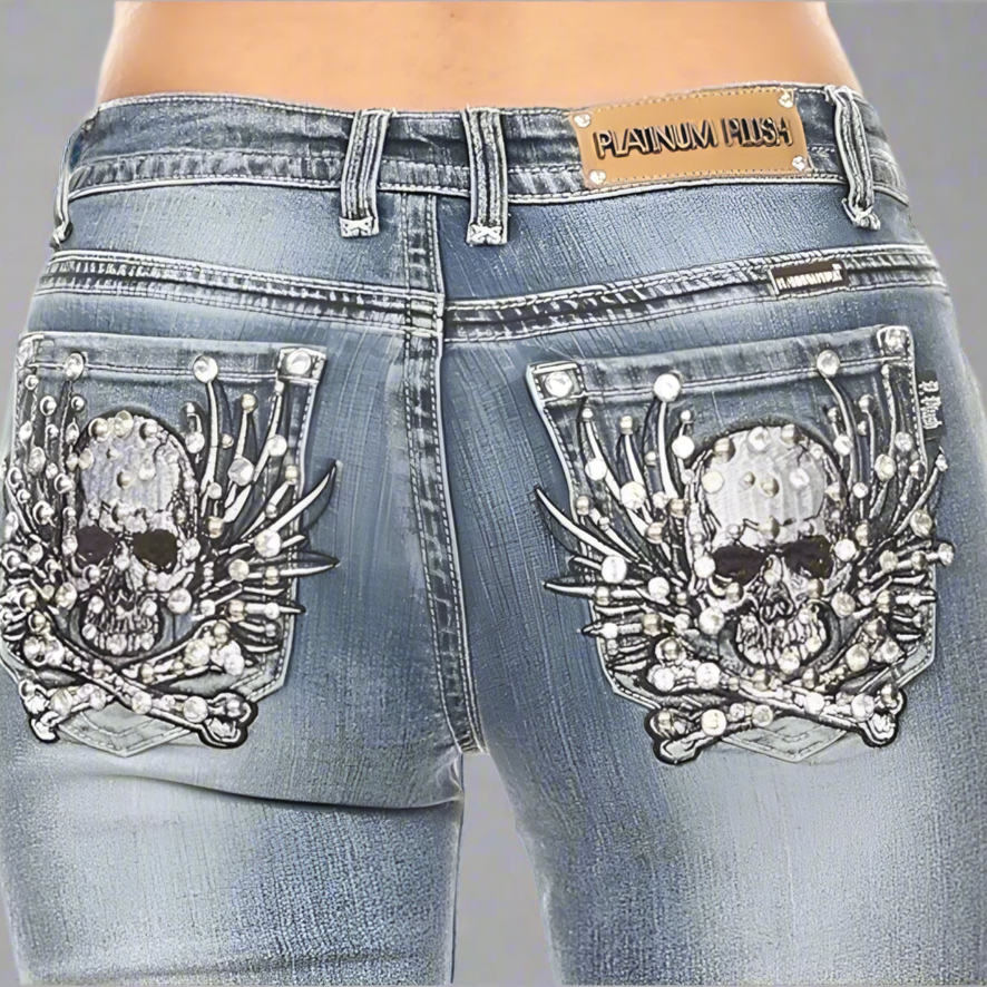 Platinum Plush Women's Rhinestone Skull & Bones Bootcut Jeans - Gothic Fashion Denim Pants for Parties, Concerts & Night Out