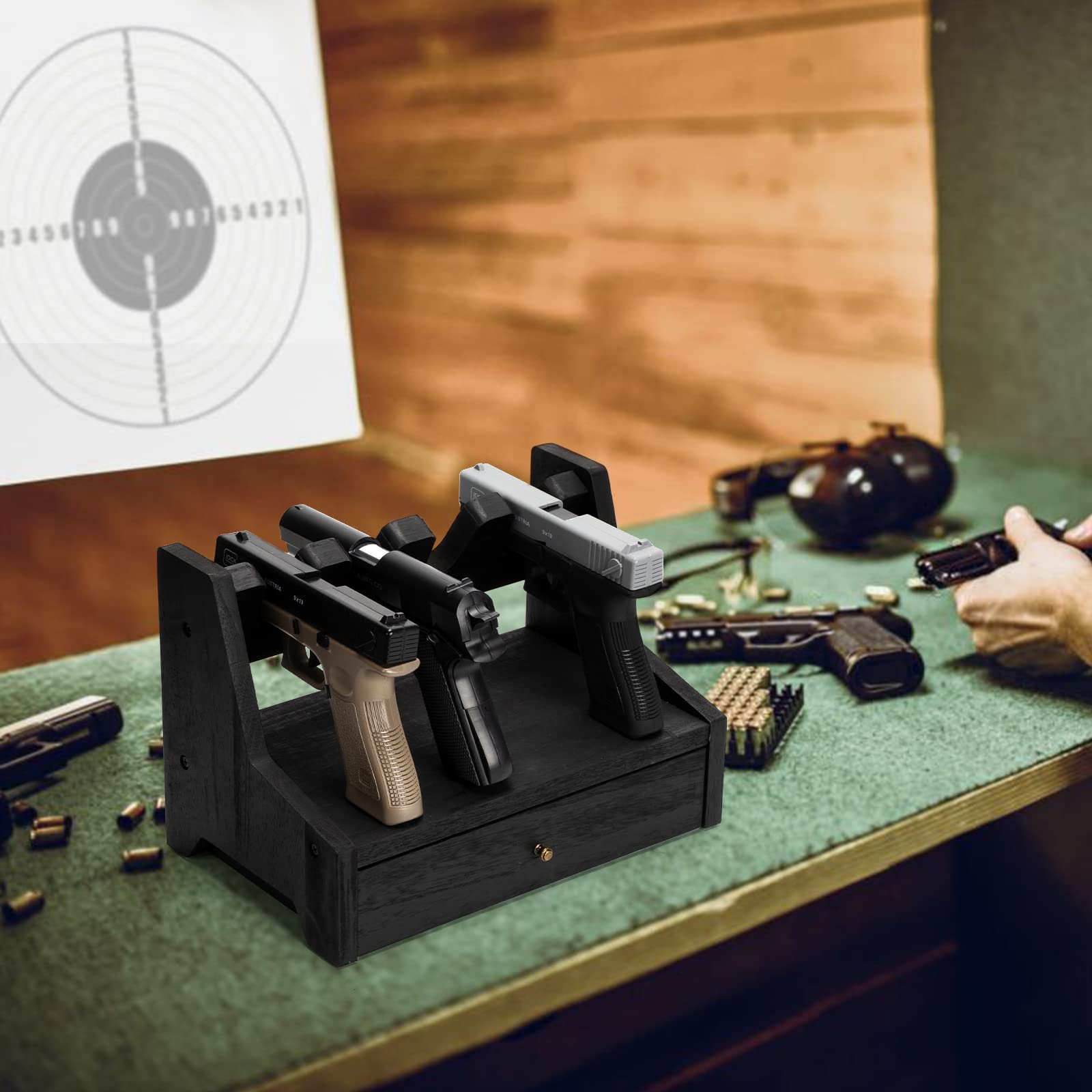 Premium Pistol Rack Gun Safe - Real Wood Handgun Storage Organizer for Gun Cabinets | Rustic Style Nightstand Gun Rack | Perfect Gift for Men & Gun Enthusiasts | Ideal for Bedside, Closet & Hunting Cabin Organization