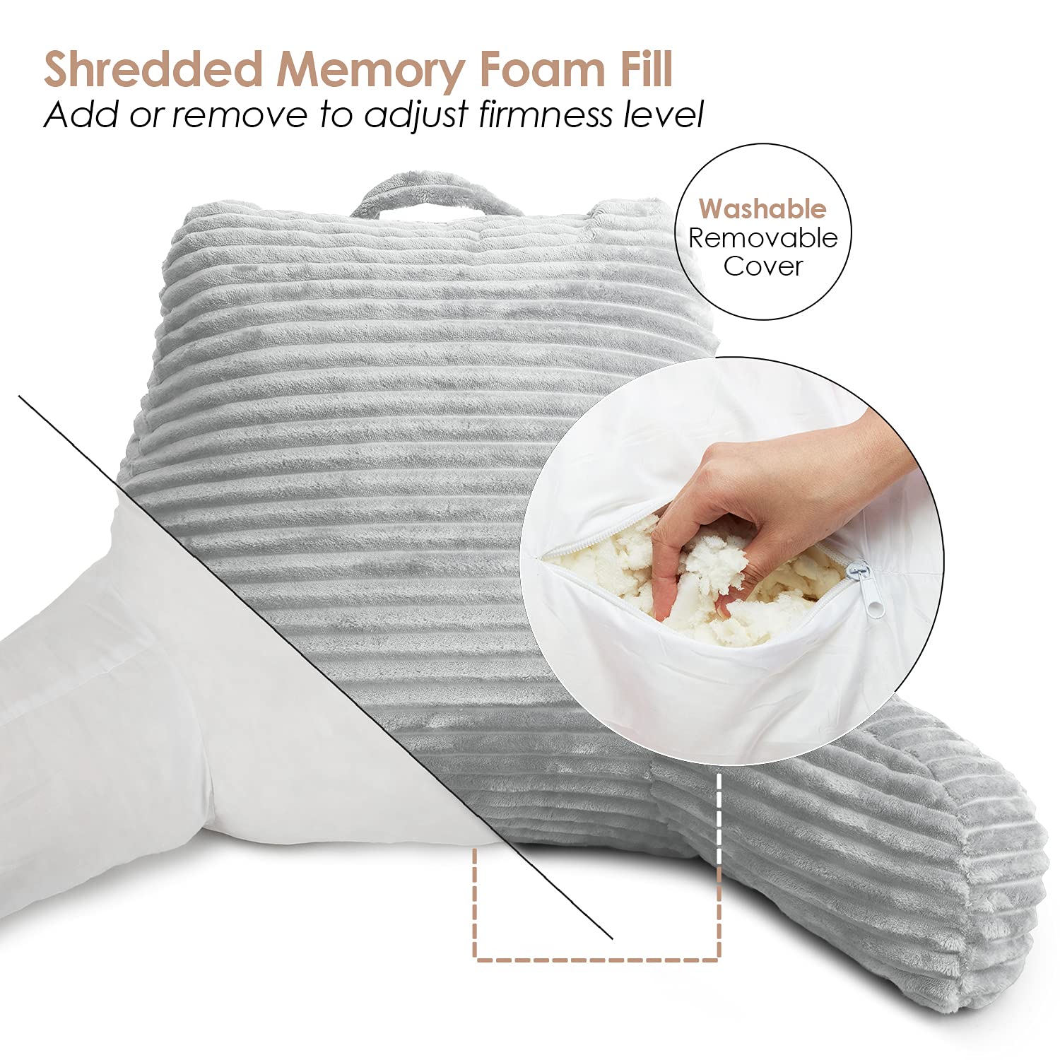 Clara Clark Reading Pillow for Adults - Plush Back Support Pillow with Arms & Pockets for Sitting in Bed, Shredded Foam Bed Rest Pillow (Silver) - Perfect for Reading, Watching TV, or Relaxing in Bed