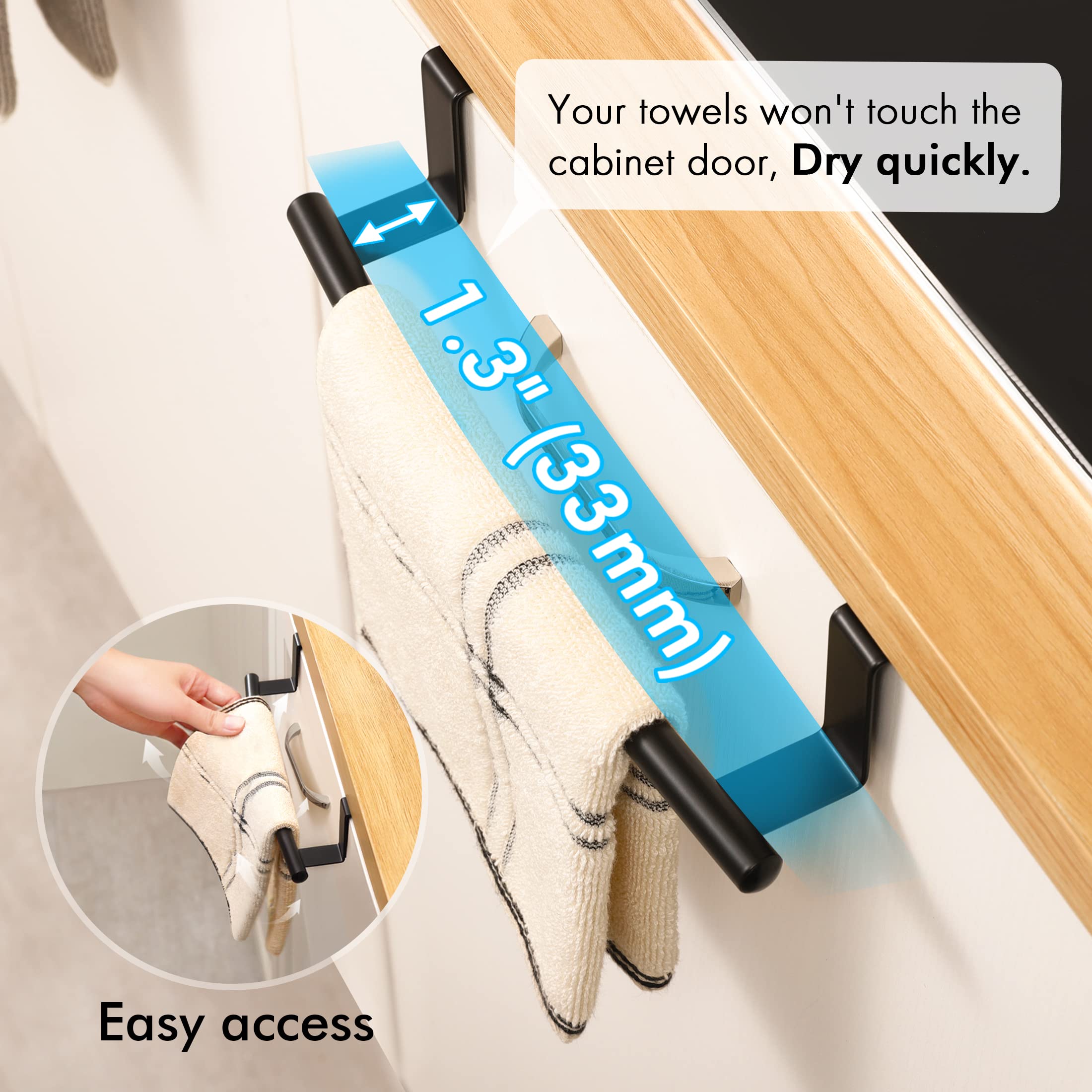Over The Door Towel Rack - 2 Pack Matte Black Cabinet Towel Bar for Kitchen & Bathroom | Space-Saving Dish Towel Holder | Perfect for Small Spaces, Apartments, RVs and Dorm Rooms
